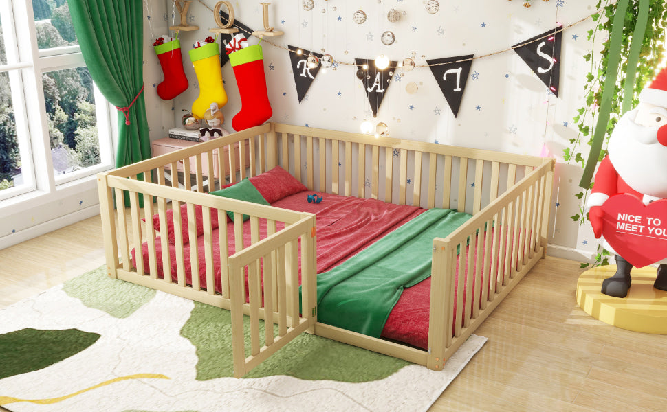 Logidon Kinderbed 140x200 Naturel Hout Met Hek En Deur