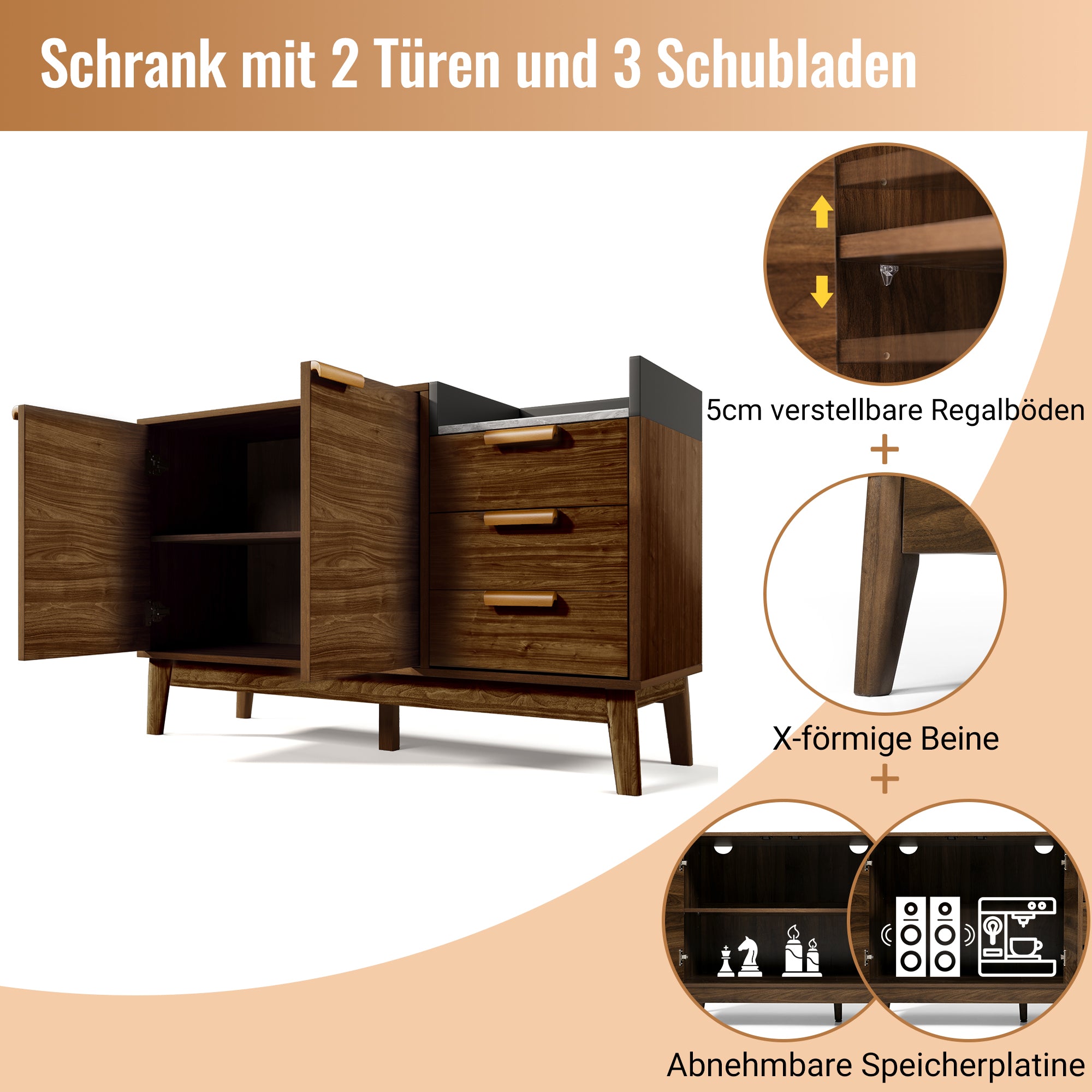 Logidon woonkamer ladekast eiken decor marmerlook blad 3 lades