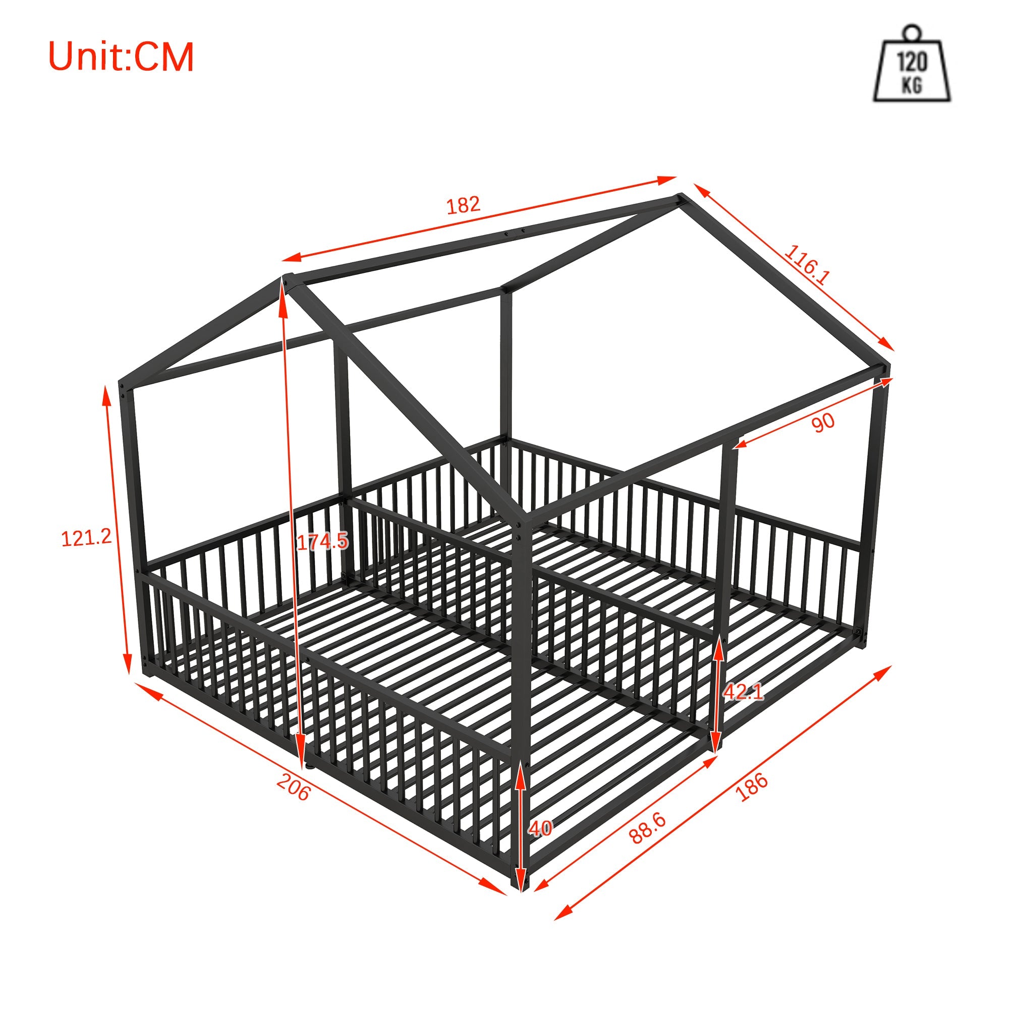 Logidon Metalen Bed Kinderbed 90x200 cm Zwart met Reling