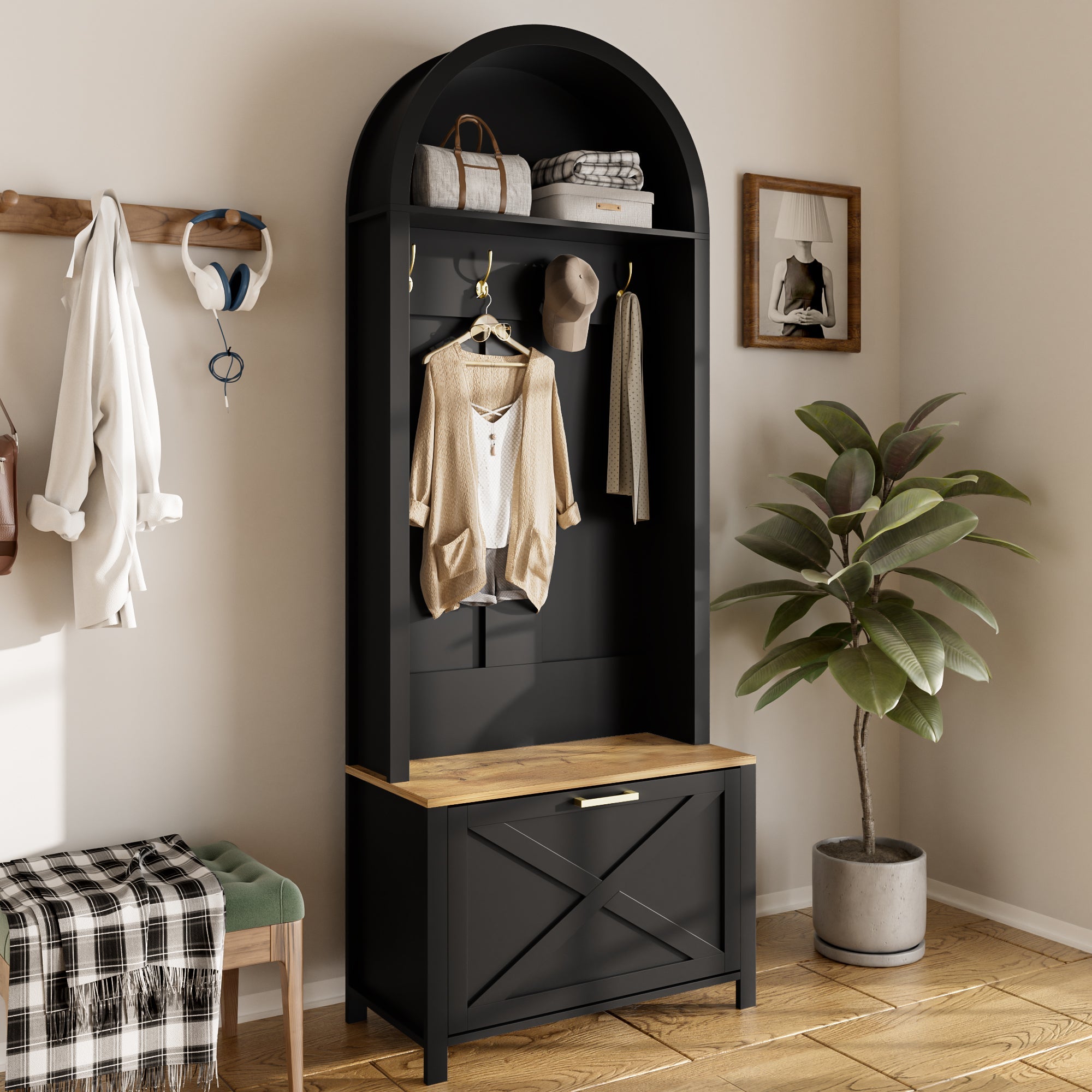 Logidon Garderobekast Zwart 75x35x195 cm Halboom met Schoenenrek