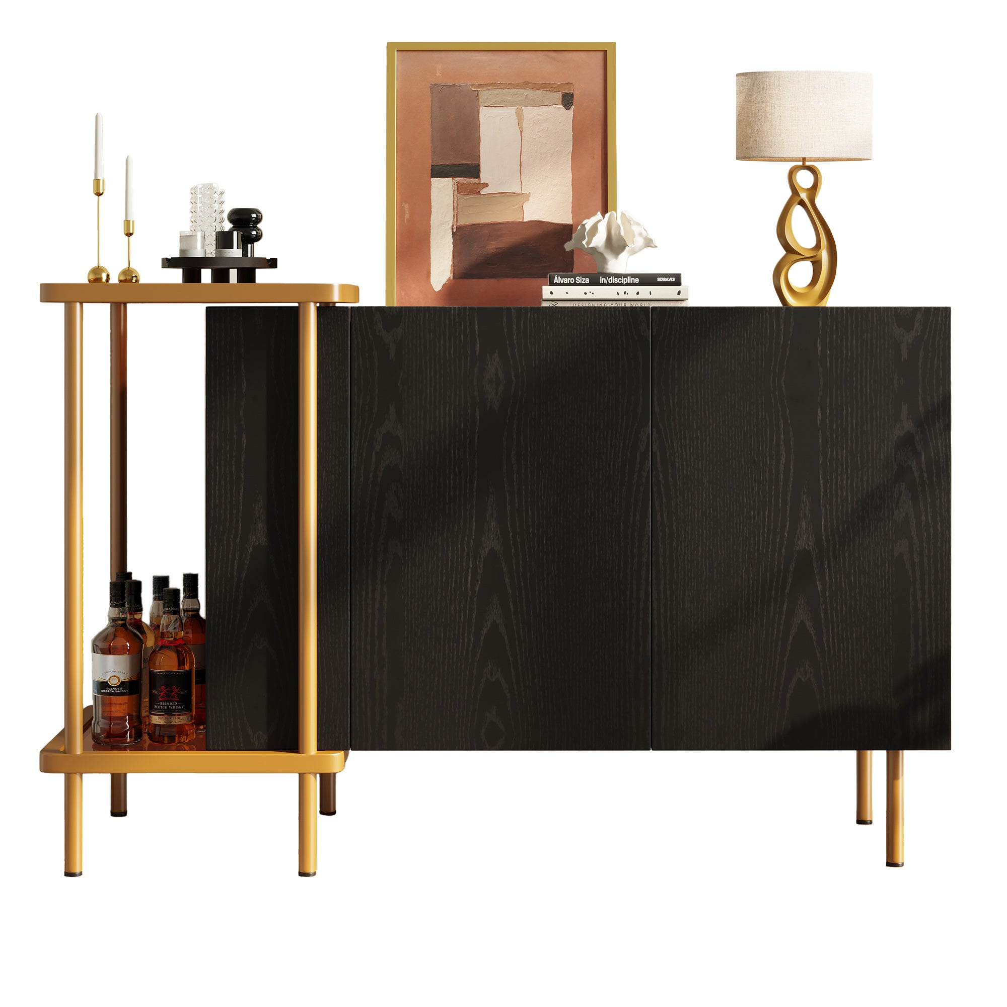 Logidon Dressoir Zwart Glazen Blad En Metalen Poten 120x40x77.5