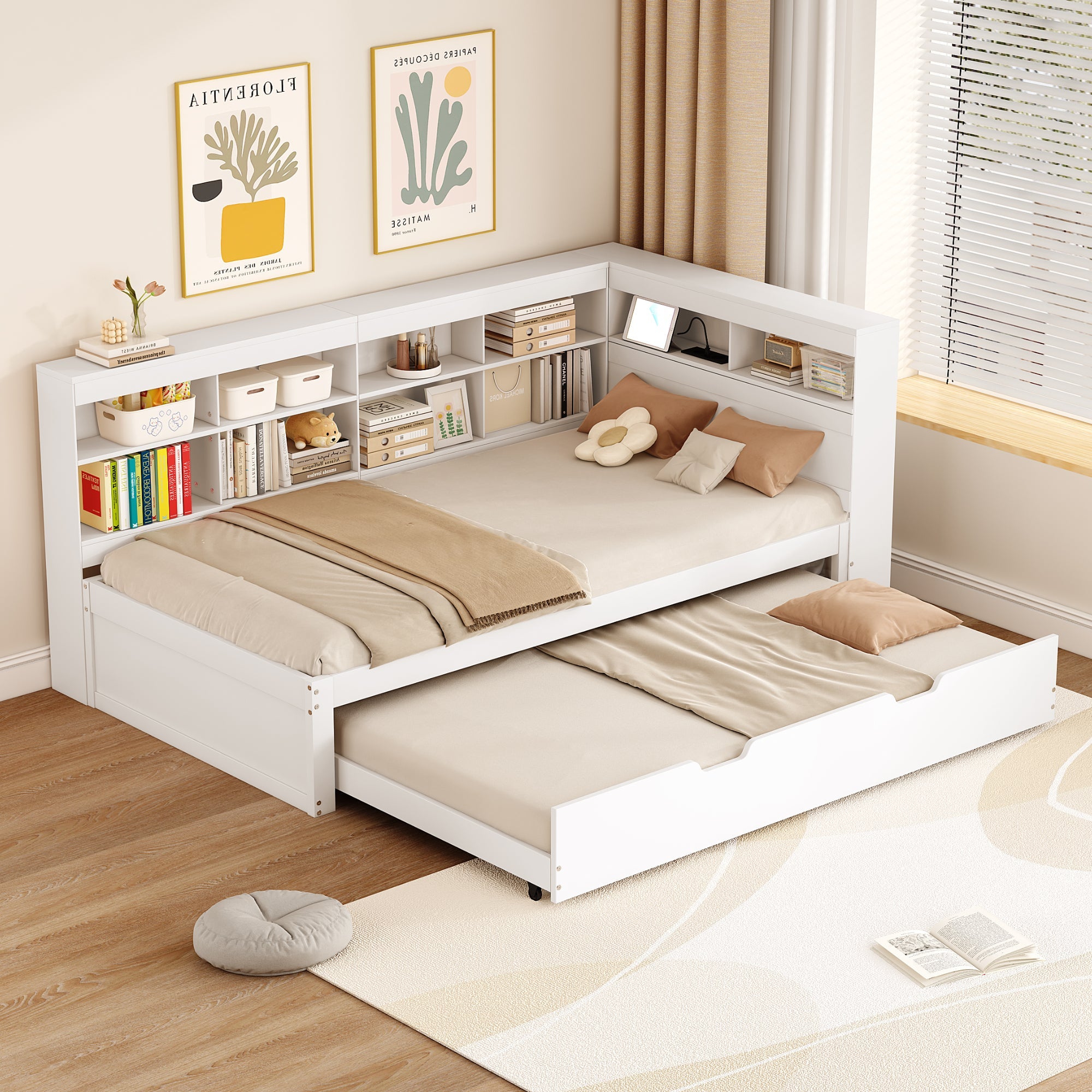 Logidon slaapbank 90x200 uitschuifbaar bed 90x190 USB wit