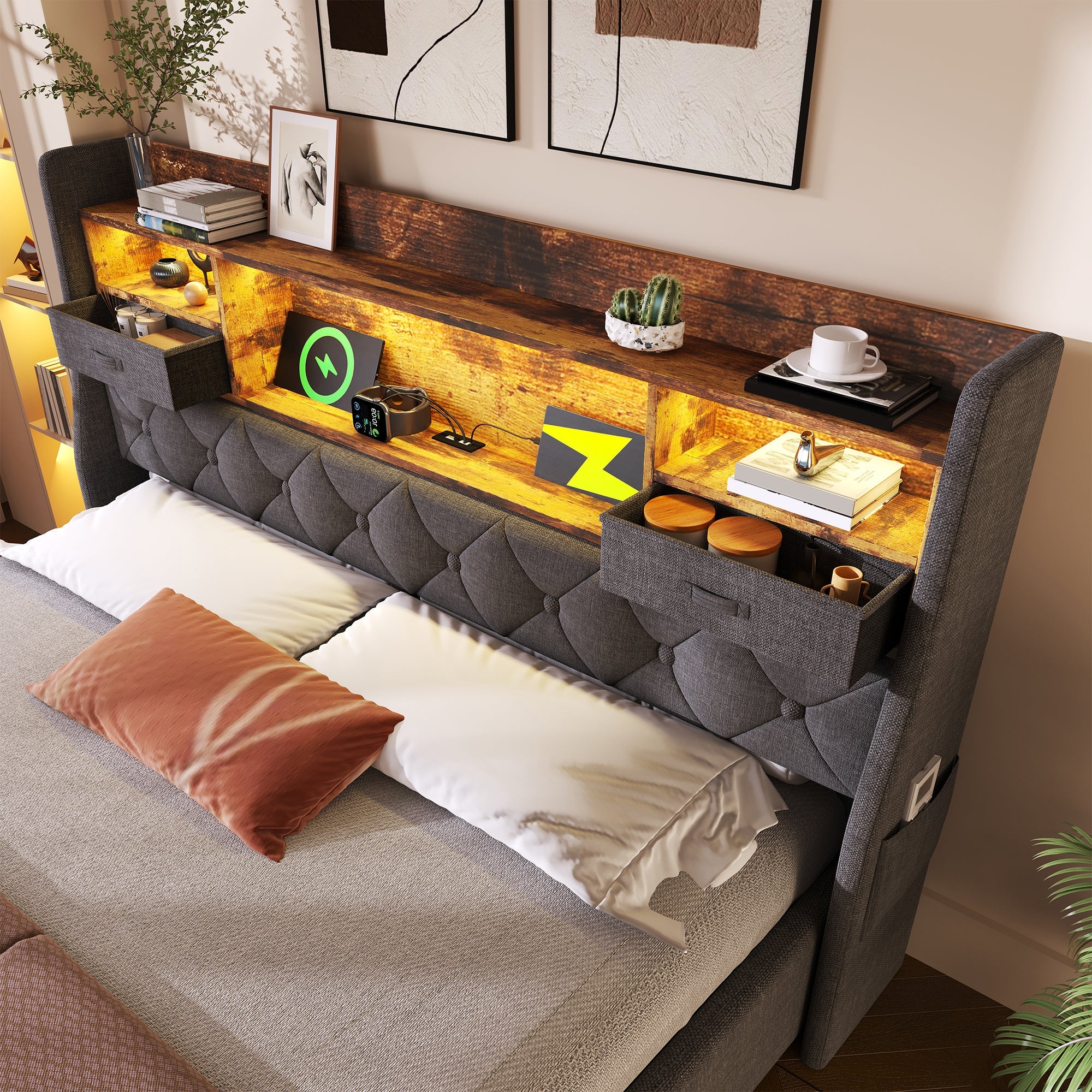 Logidon gestoffeerd bed 160x200 cm met opbergruimte, LED-hoofdbord, USB-C