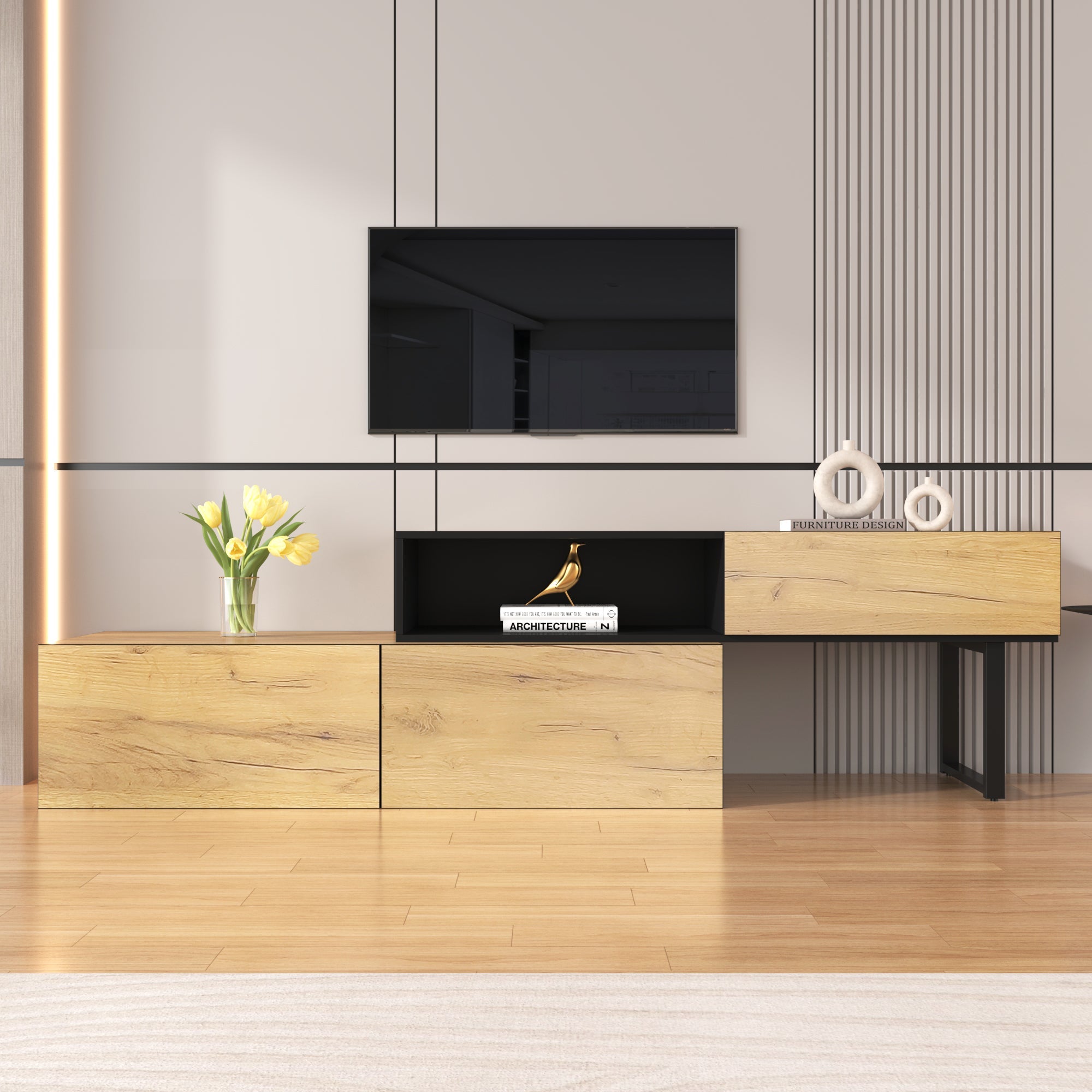 Logidon Adjustable TV Cabinet Combination 135-200cm Three Drawers Large Compartment
