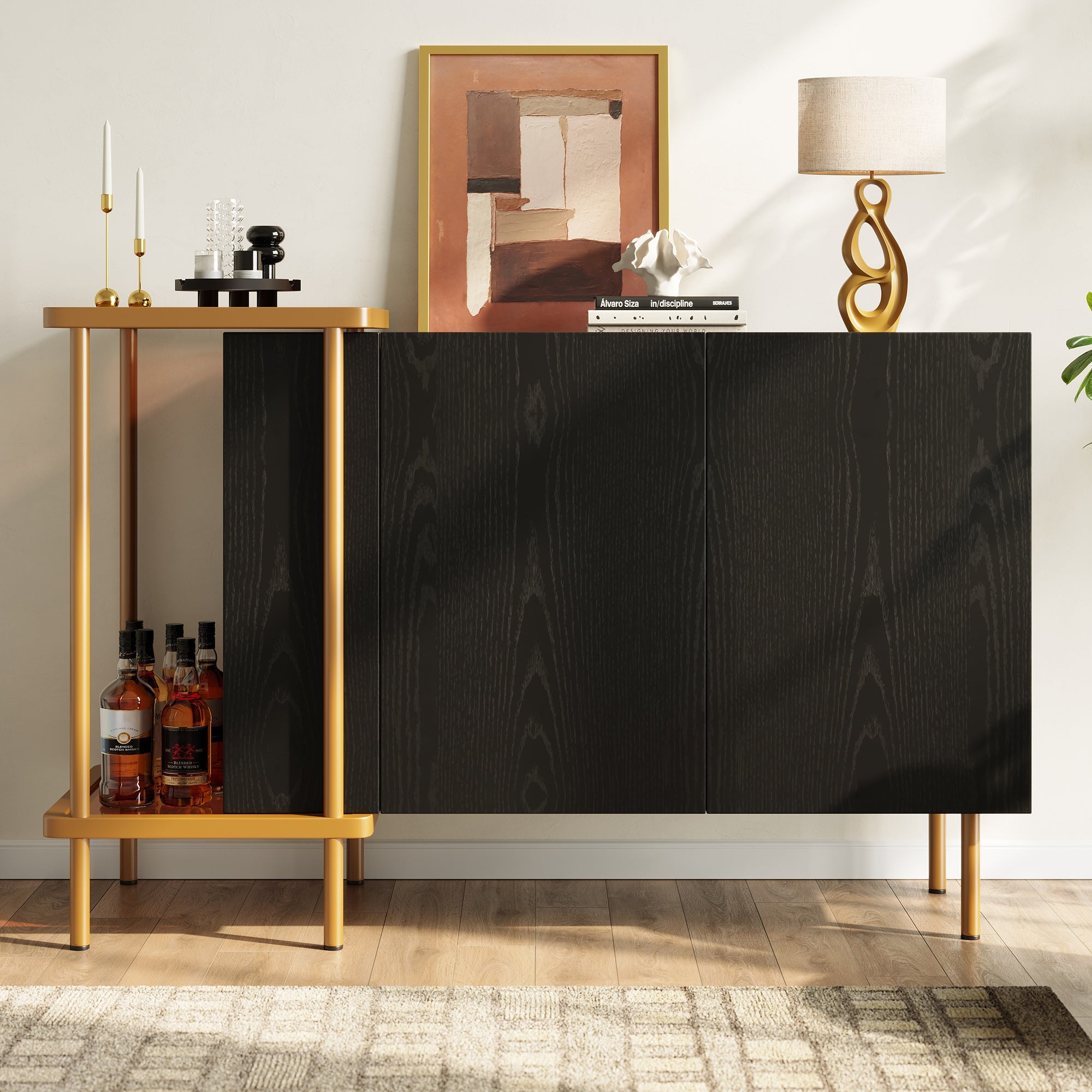Logidon Dressoir Zwart Glazen Blad En Metalen Poten 120x40x77.5