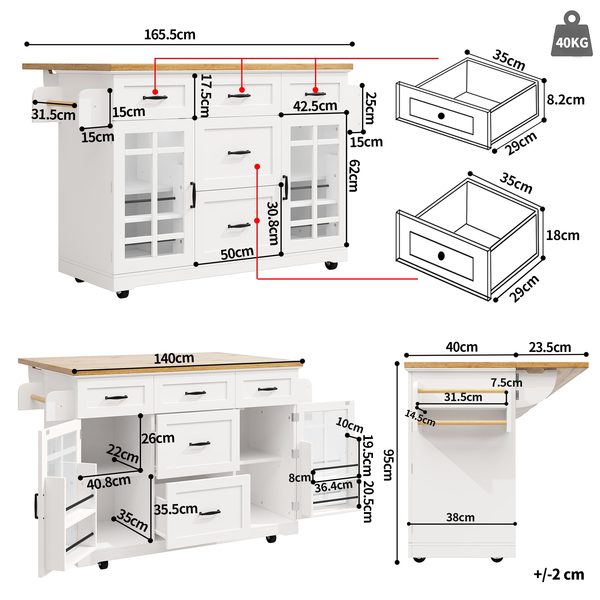 Logidon Keukeneiland Wit Houten Blad 140x40x95 cm Met Wielen