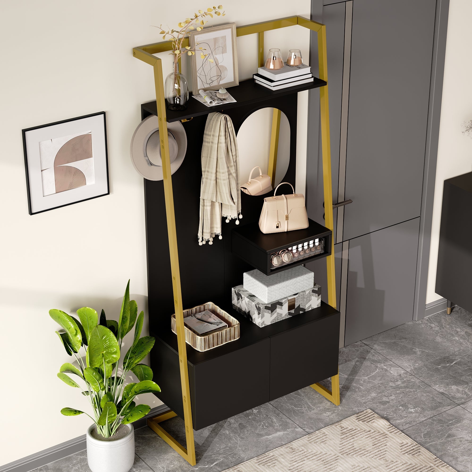 Logidon Modern Compact Wardrobe Box Mirror Shoe Bench Black 78 x 38.5 x 180.5 cm