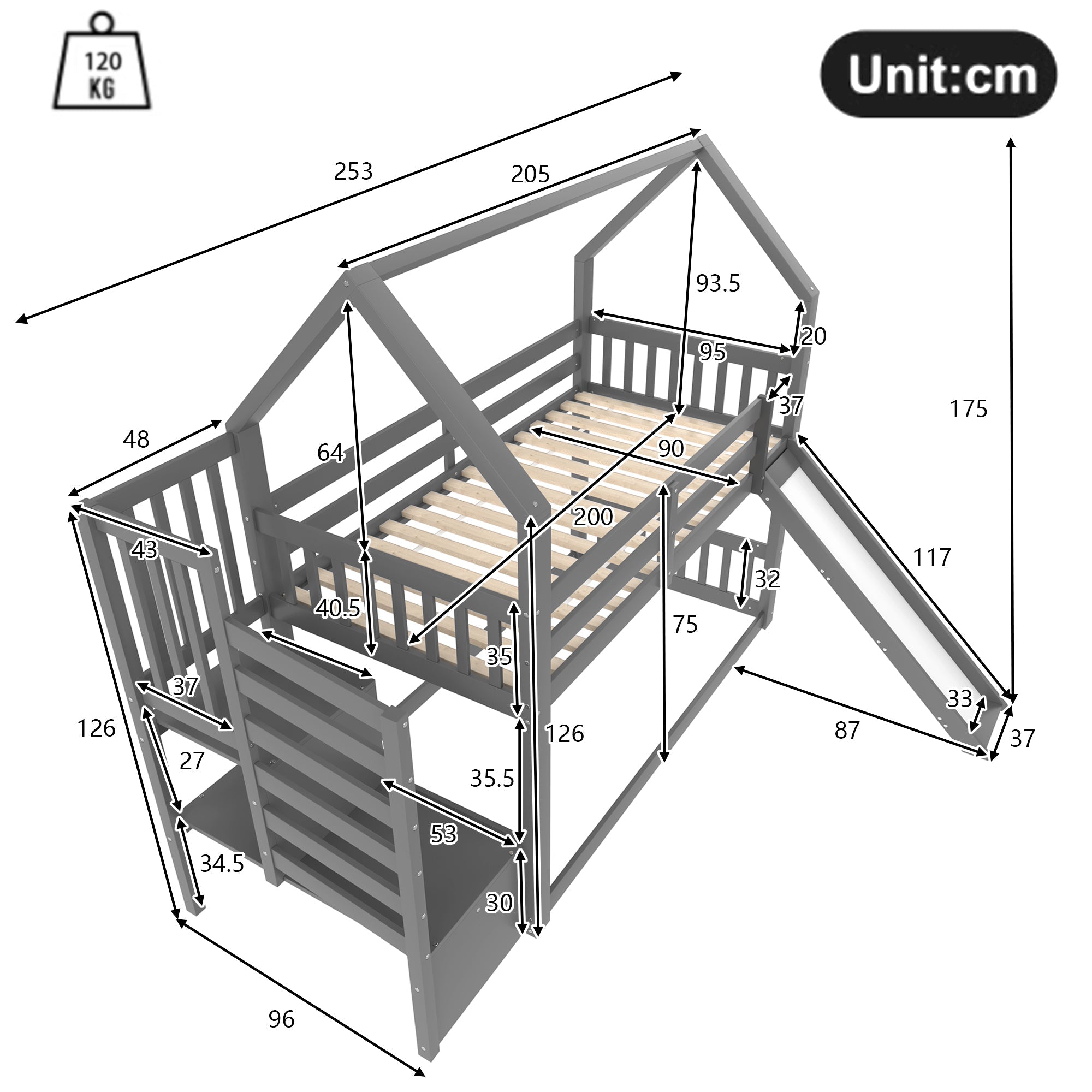Logidon stapelbed grijs 90x200 met opbergtrap en glijbaan