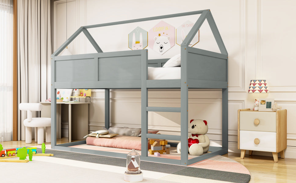 Logidon laag kinderbed 90x200 grijs met trap massief hout