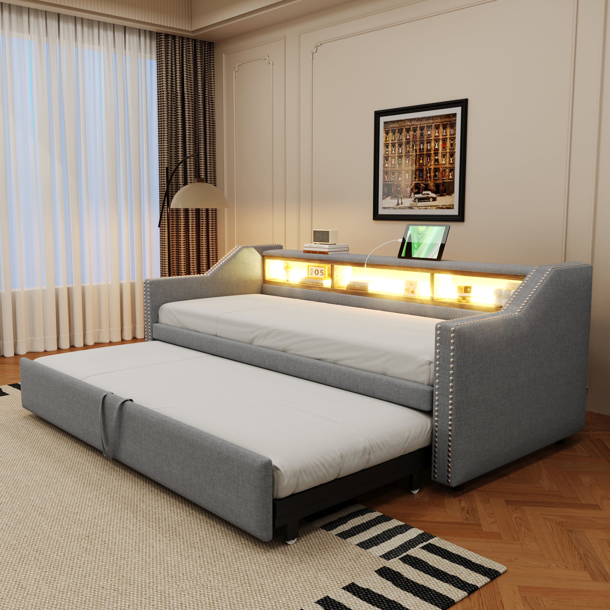 Logidon upholstered bed pull-out sofa bed 90/180 x 190 cm light gray storage compartment