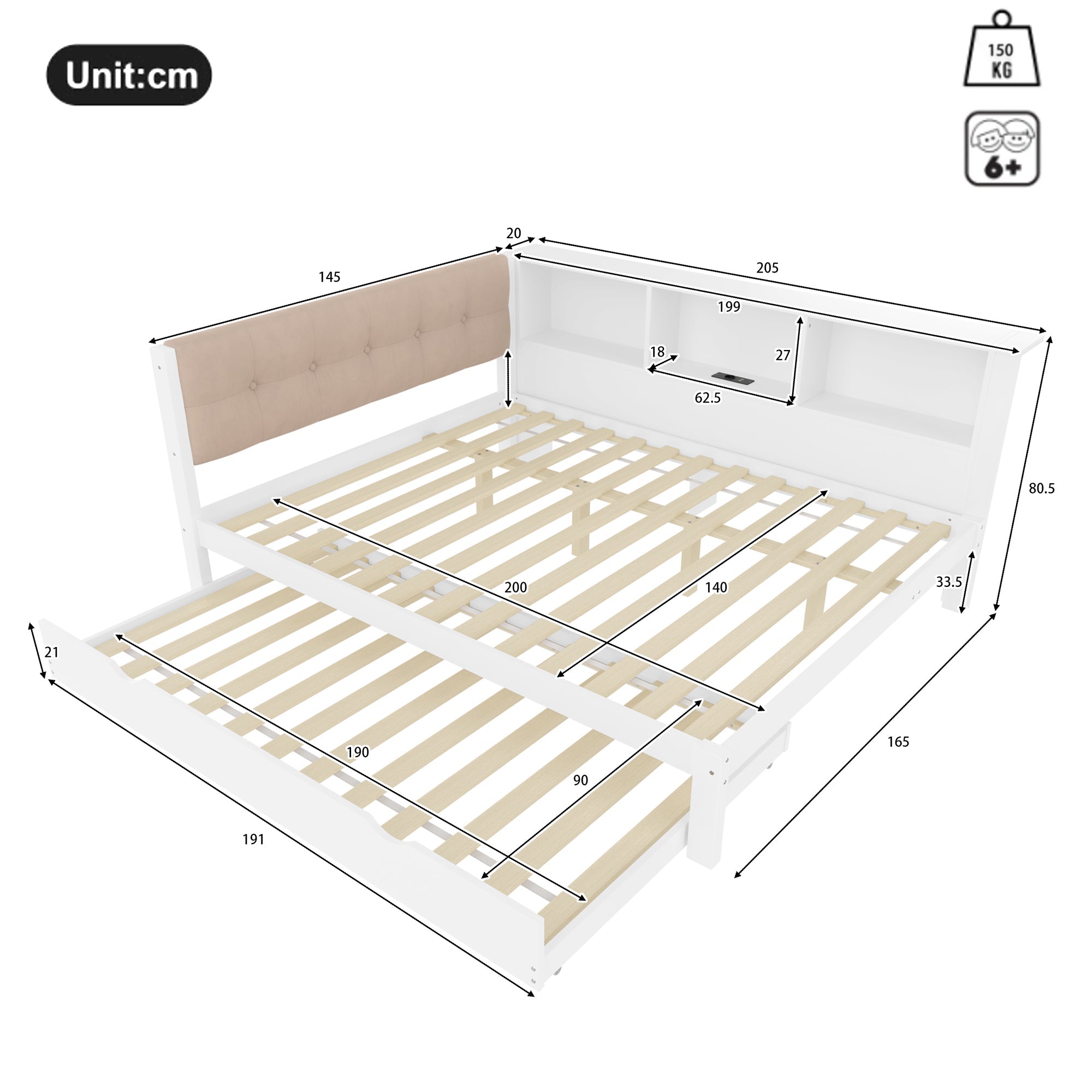 Logidon daybed wit 140x200 CM met uitschuifbaar bed LED-verlichting