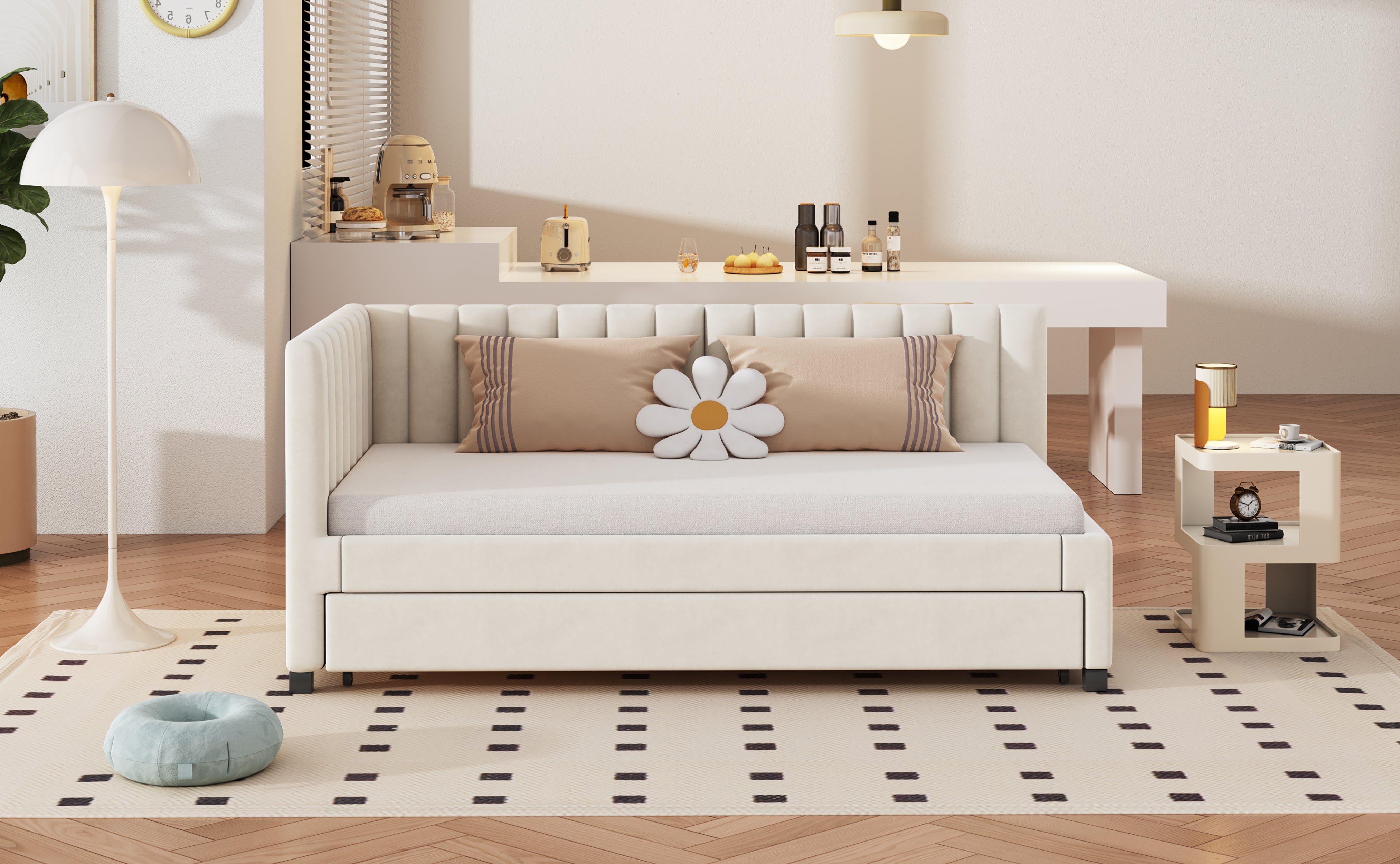Logidon gestoffeerd bed 90x200 beige fluwelen stof uitschuifbare slaapbank