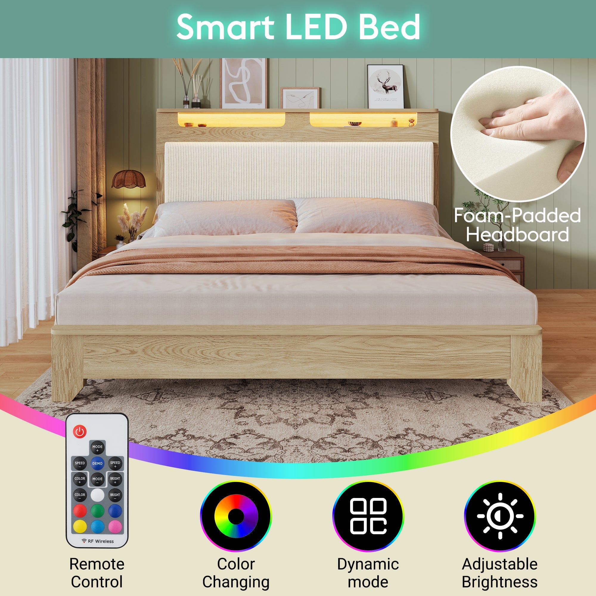 Logidon tweepersoonsbed 160x200 cm met opbergruimte en LED-verlichting beige