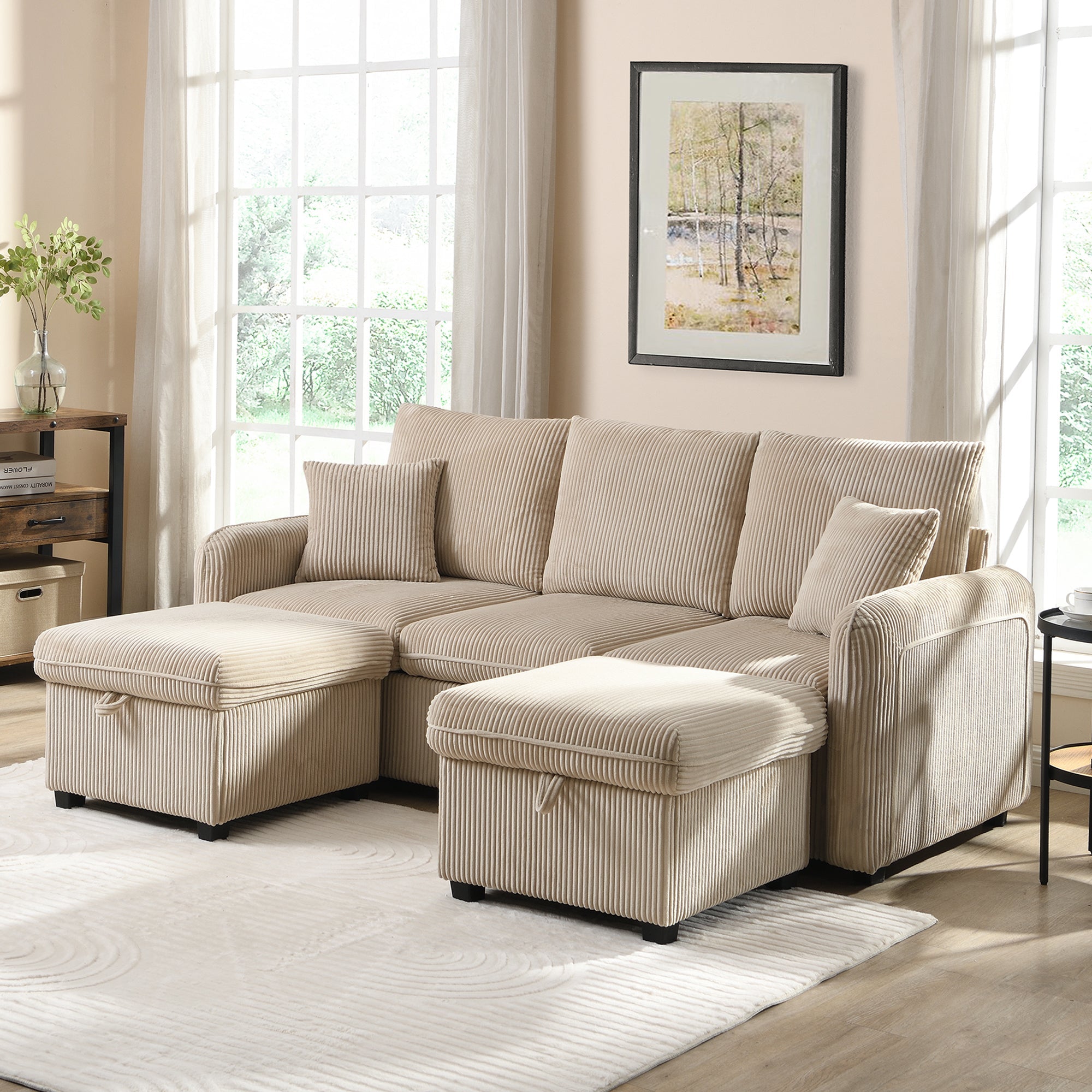 Logidon hoekbank U-vorm beige corduroy stof met opbergvak en slaapfunctie