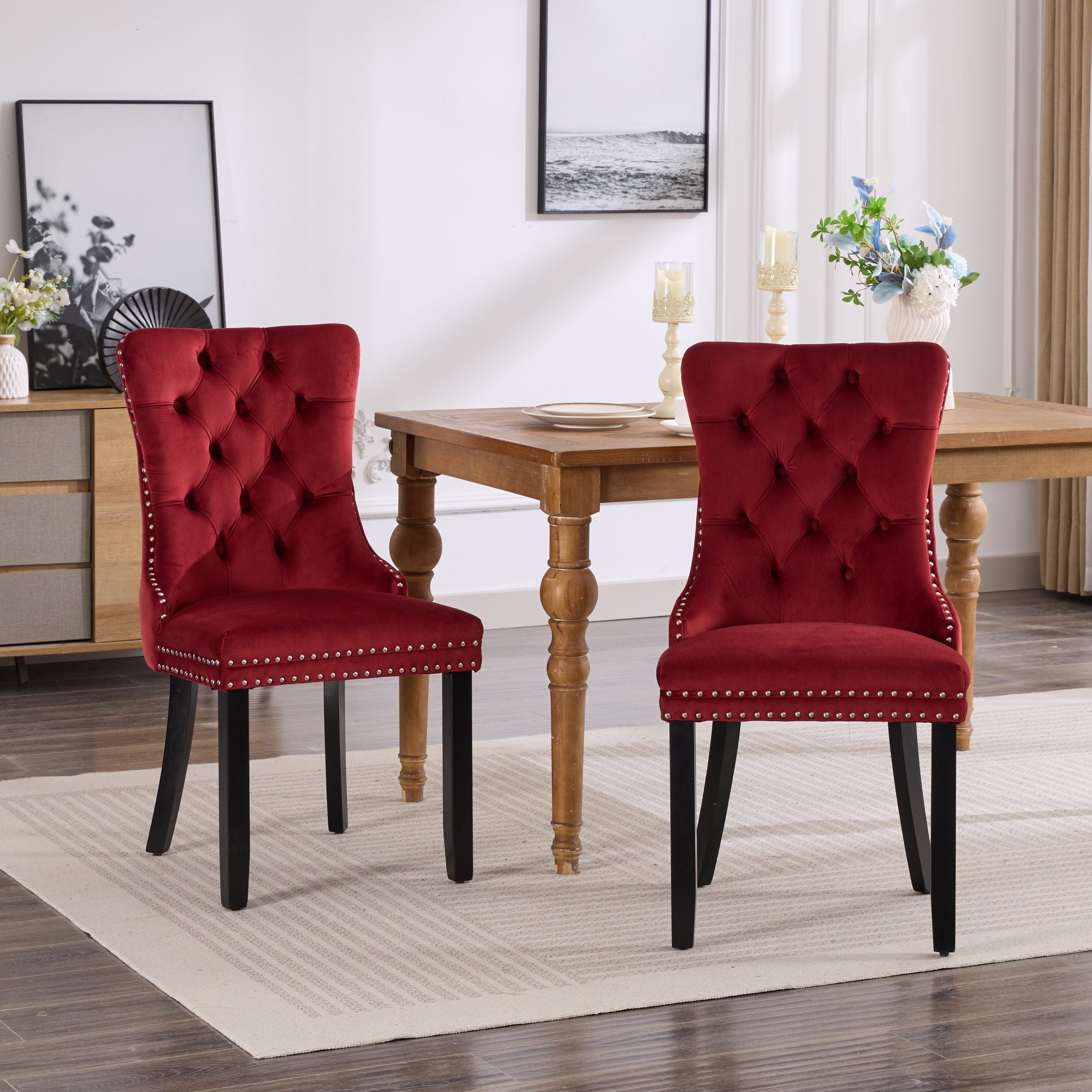 Logidon Velvet Dining Chair Set 2 Burgundy Nail Trim