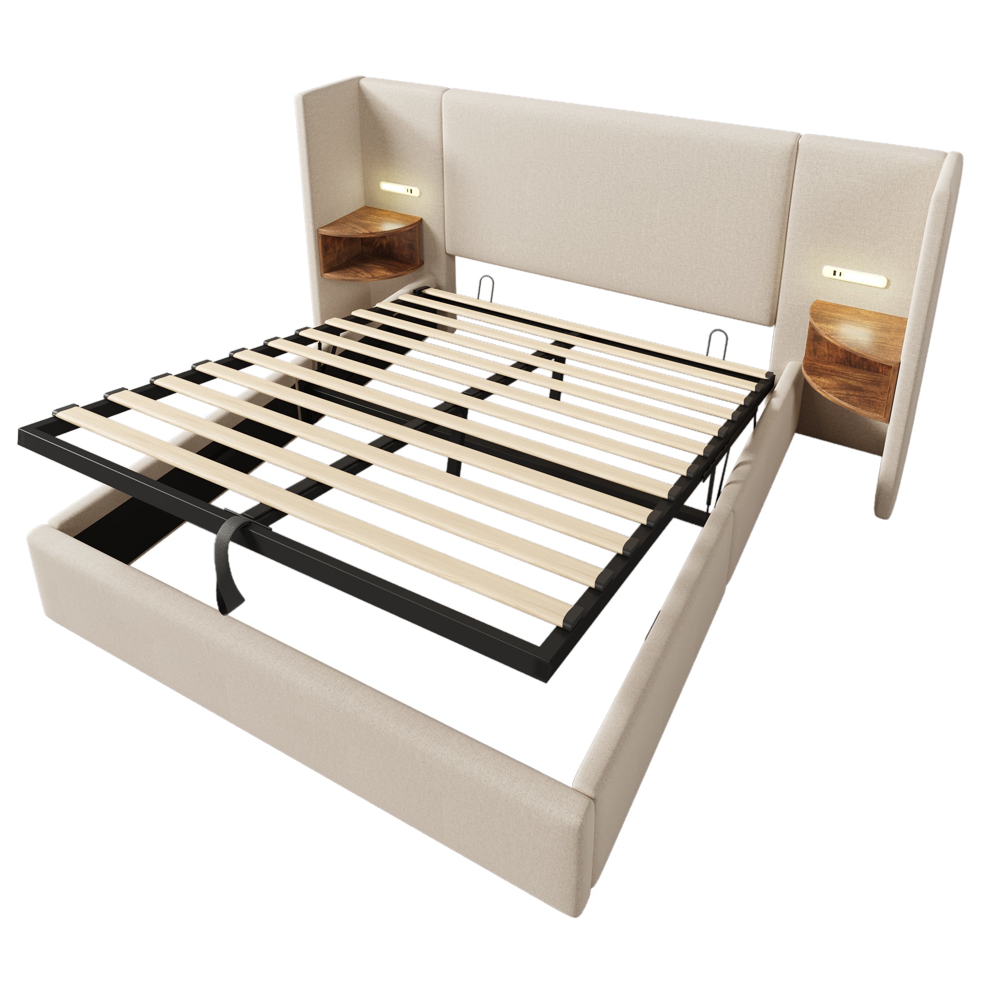 Logidon upholstered bed 160x200 double bed beige linen with storage space