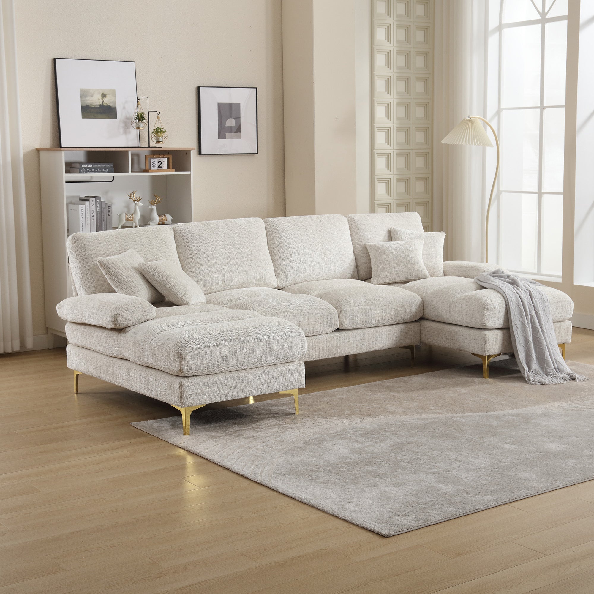 Logidon Modern Chenille U-Shape Sectional Sofa Beige Double Lounger