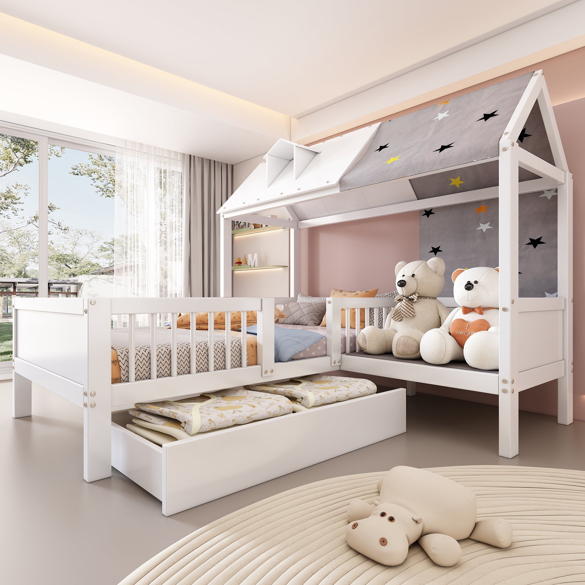 Logidon Huisvormig kinderbed hout 90x200 Witte tentstof Laden
