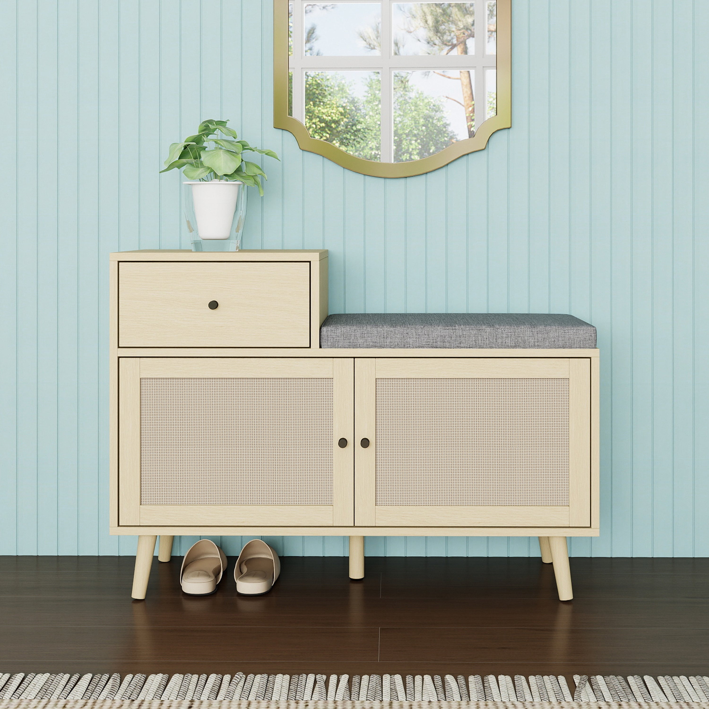 Logidon Boho shoe bench with rattan doors and drawer 90x35x65 cm