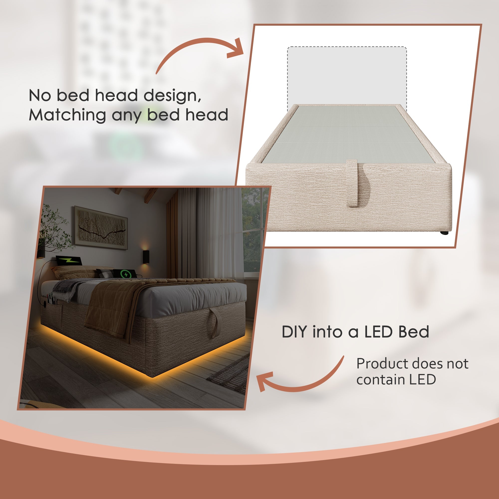 Logidon upholstered bed 90x190 beige USB C bed frame without headboard