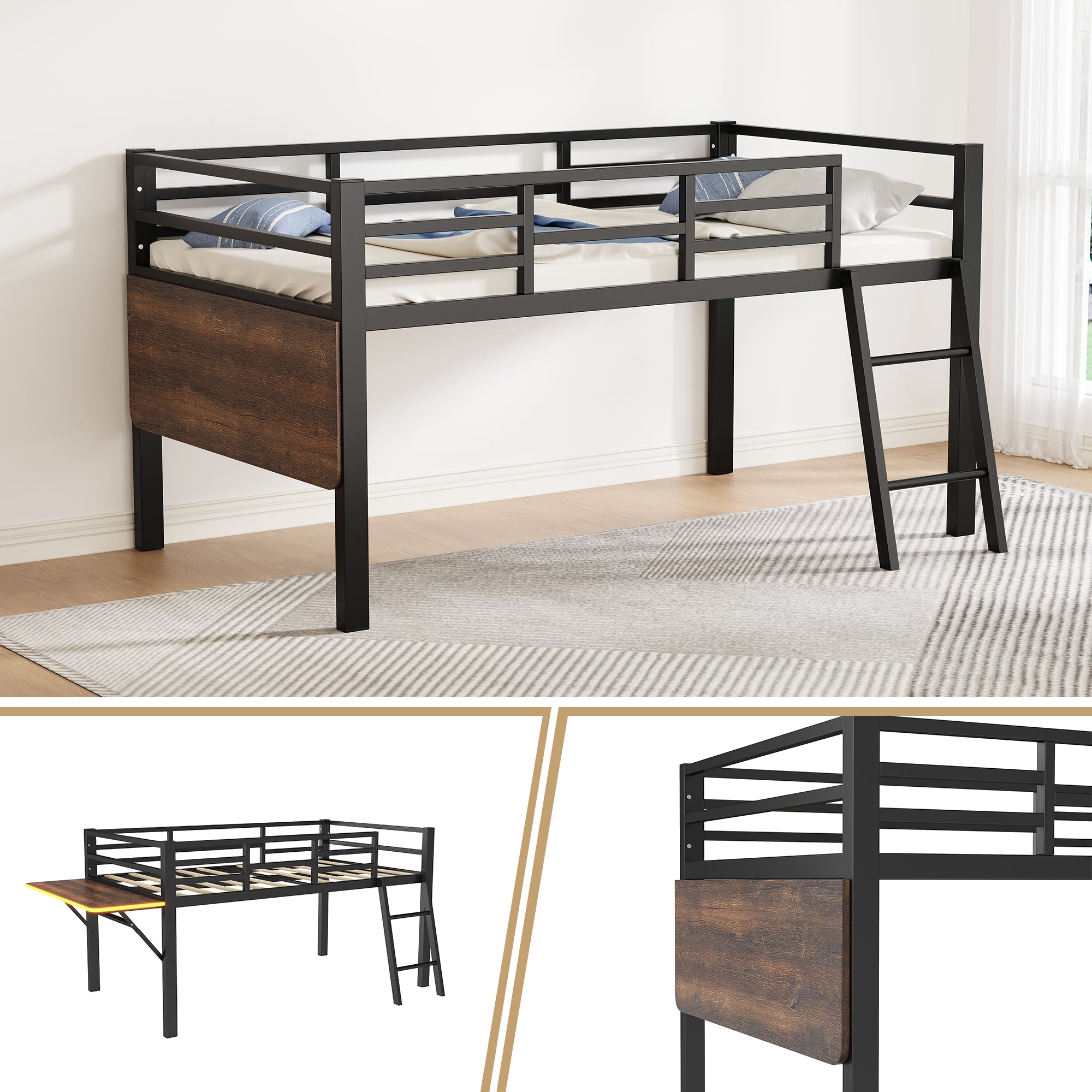 Logidon hoogslaper 90x200 zwart met bureau en LED-lichtstrip