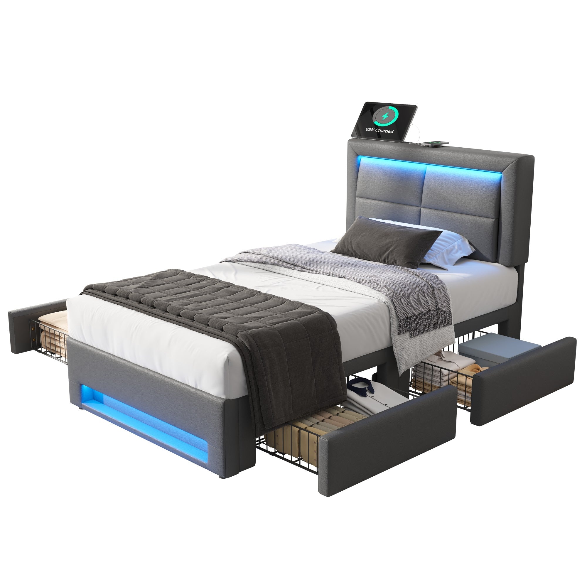 Logidon gestoffeerd bed 90x200 cm met USB en LED verlichting 4 lades