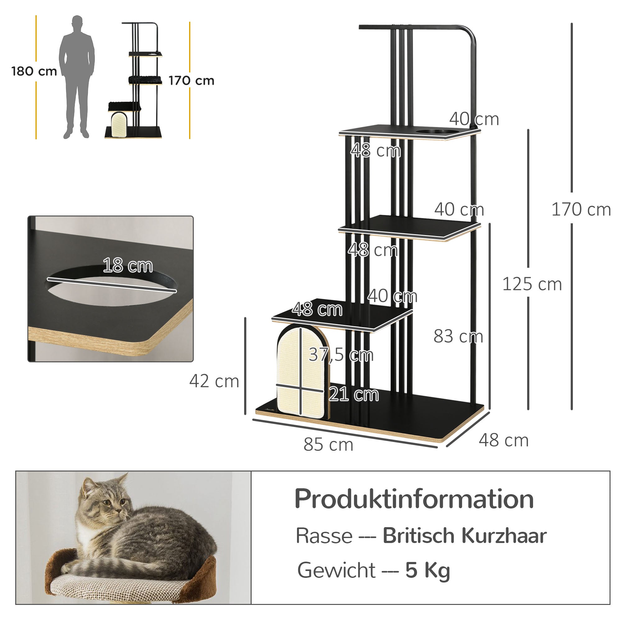 Logidon Krabpaal 170 cm Zwart Krabpaal met Kussen 3 Platforms