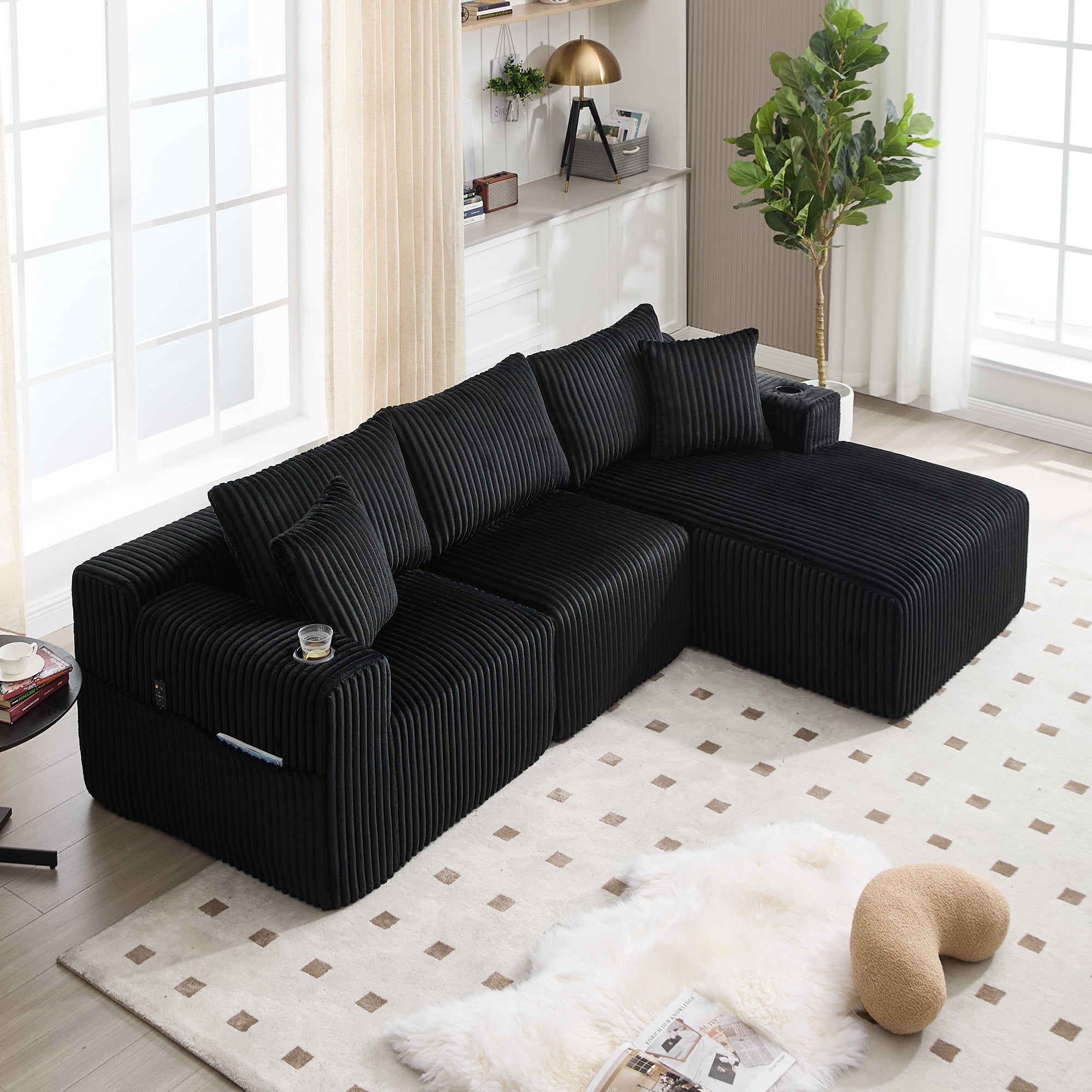 Logidon modulaire bankstel met chaise longue, 2-zitsbank, zwart corduroy