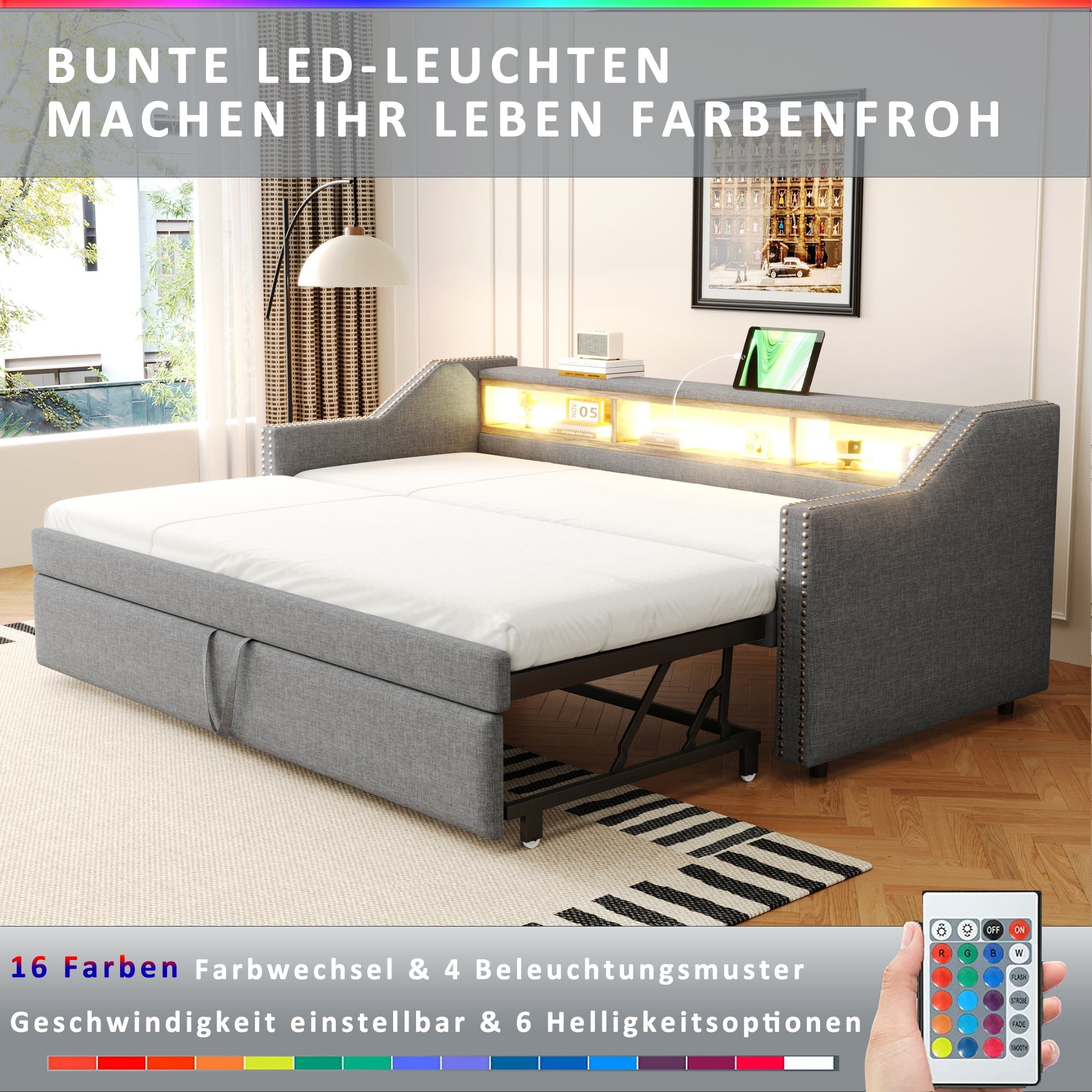Logidon upholstered bed pull-out sofa bed 90/180 x 190 cm light gray storage compartment