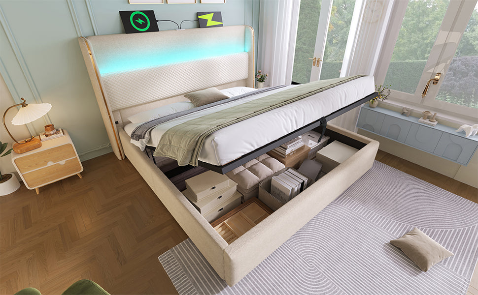 Logidon hydraulisch bed 140x200 beige linnenlook met LED