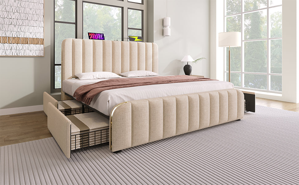 Logidon upholstered bed beige linen with USB Type C charging function 180x200 cm