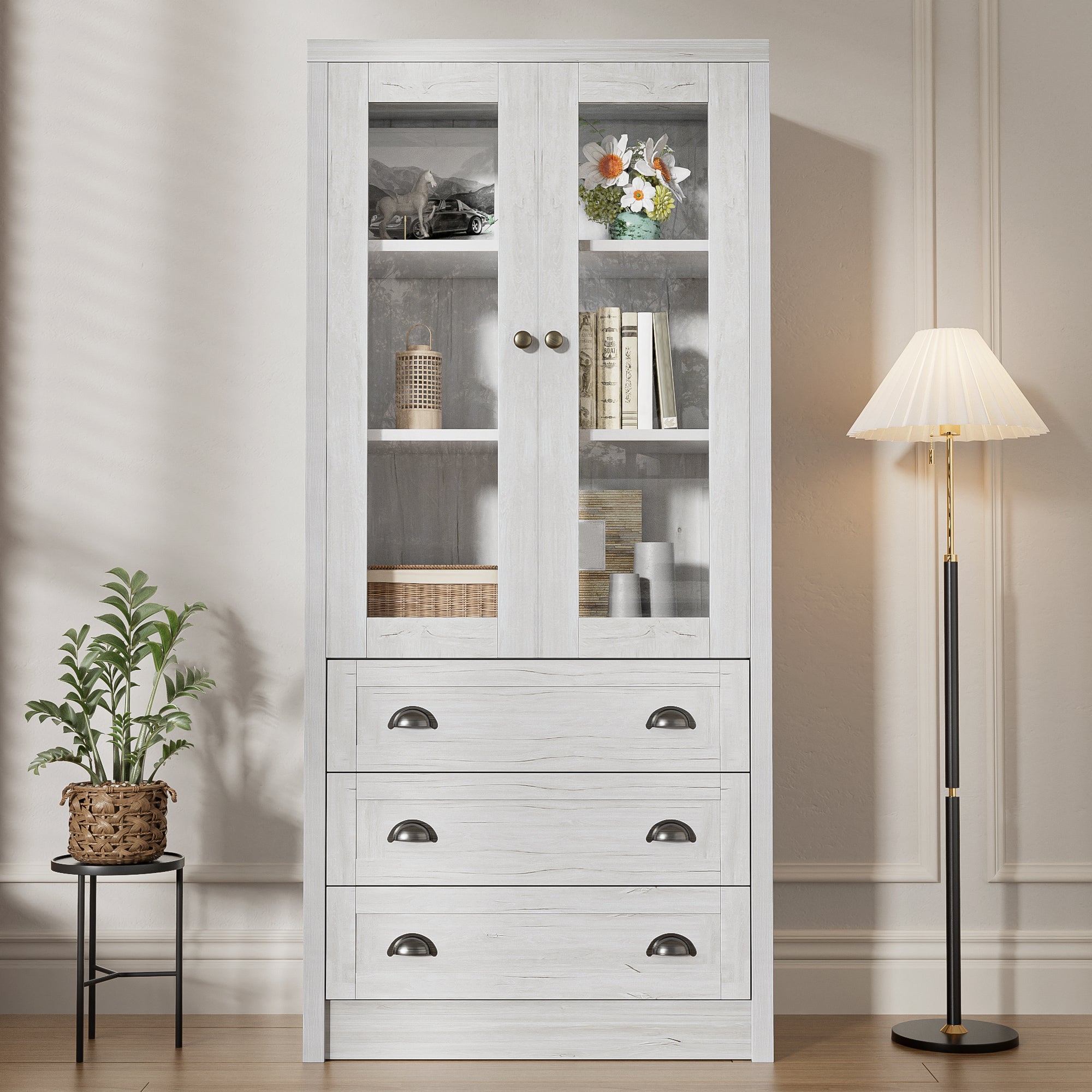 Logidon Modern highboard 80x34x171 cm wood look glass doors copper handles