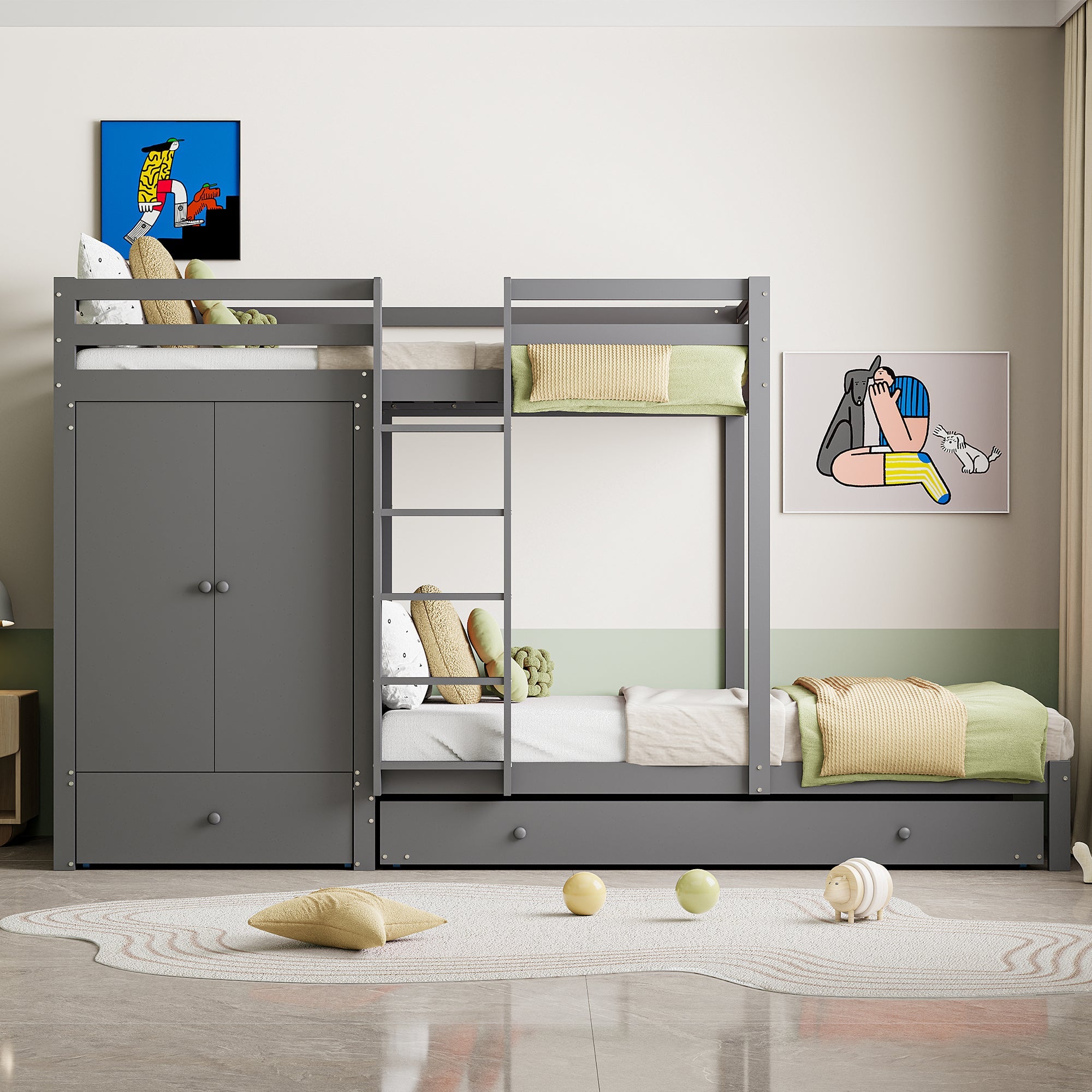 Logidon stapelbed massief hout 90x200 cm grijs met uitschuifbaar bed