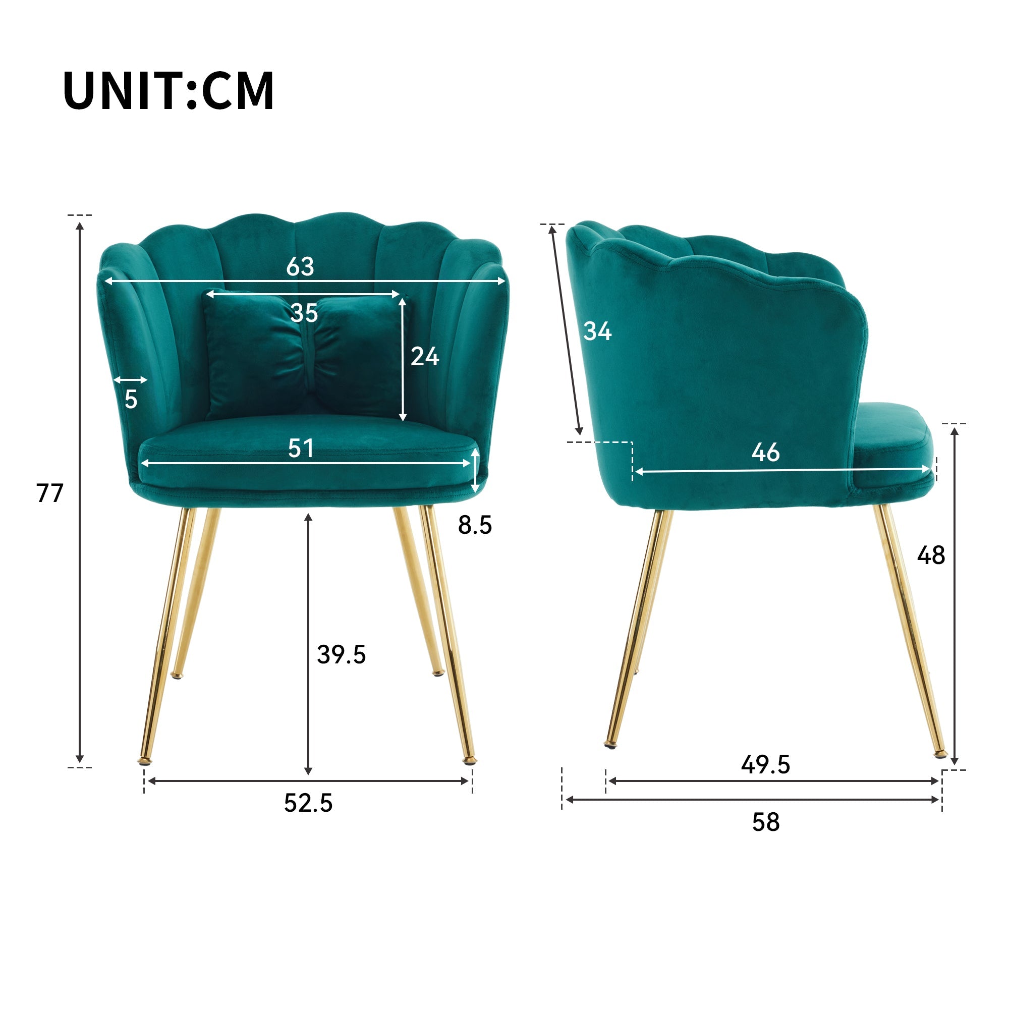 Logidon set van 6 fluwelen woonstoelen met groene bloemblaadjes en gouden poten