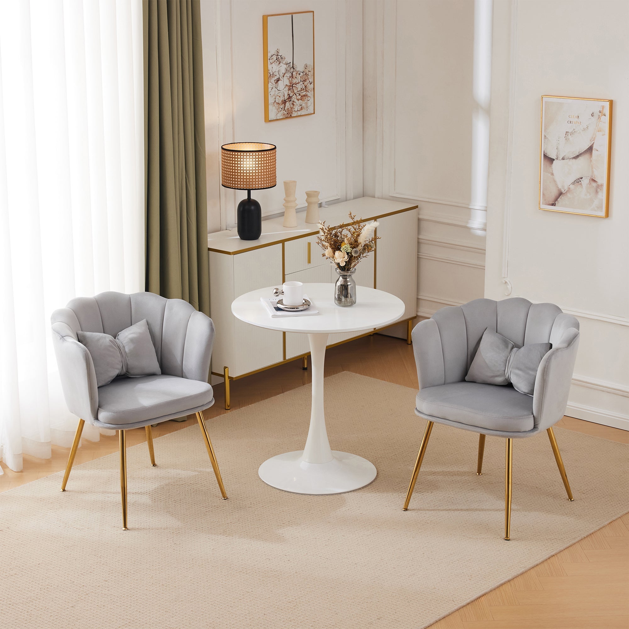 Logidon Set of 2 Modern Velvet Chairs with Flower Backs Gray Gold Legs