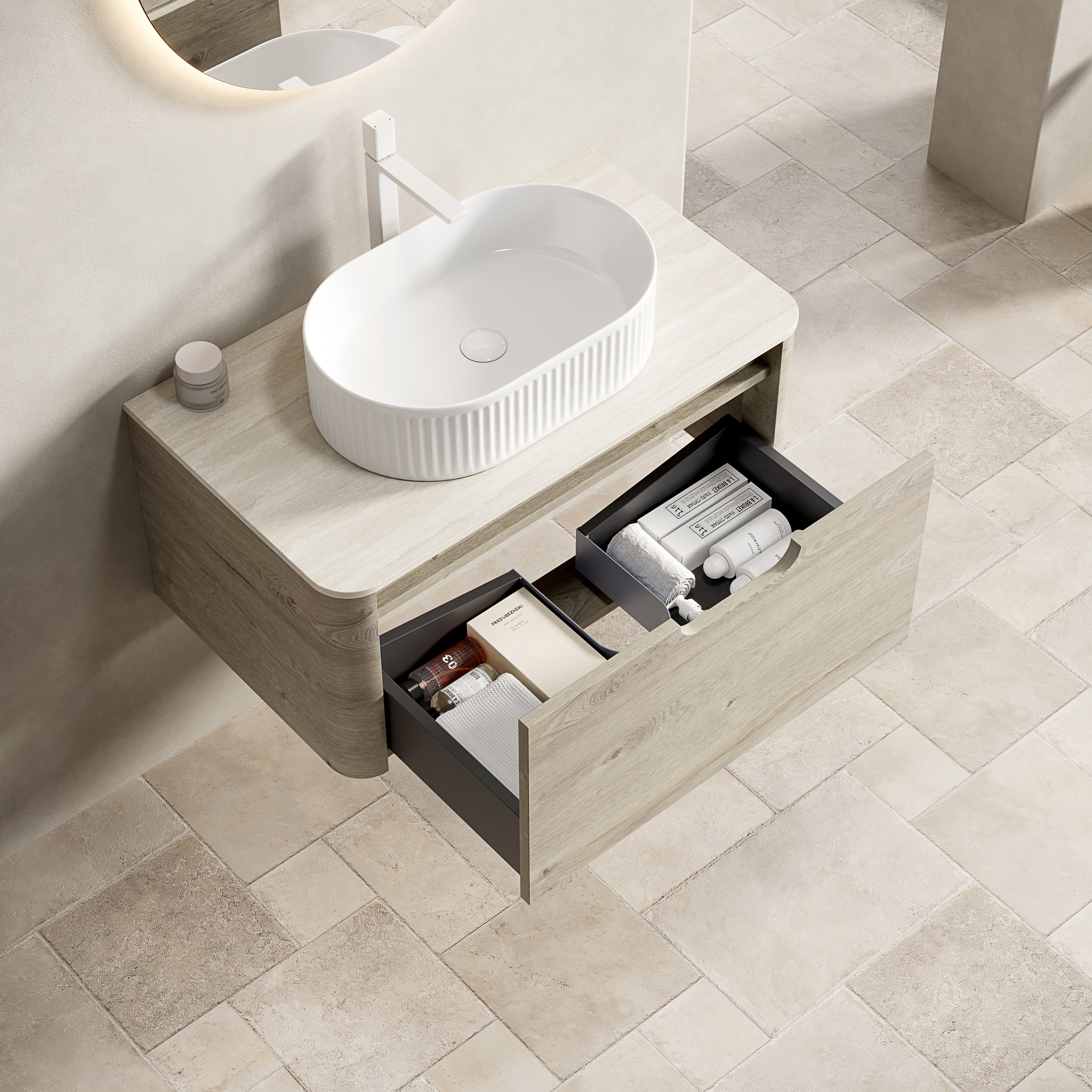 Logidon 80 cm floating bathroom furniture with travertine sintered stone top