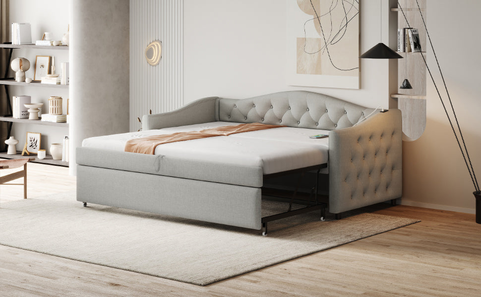 Logidon Upholstered Bed Extendable Sofa Bed 90x200 Gray Linen Fabric USB