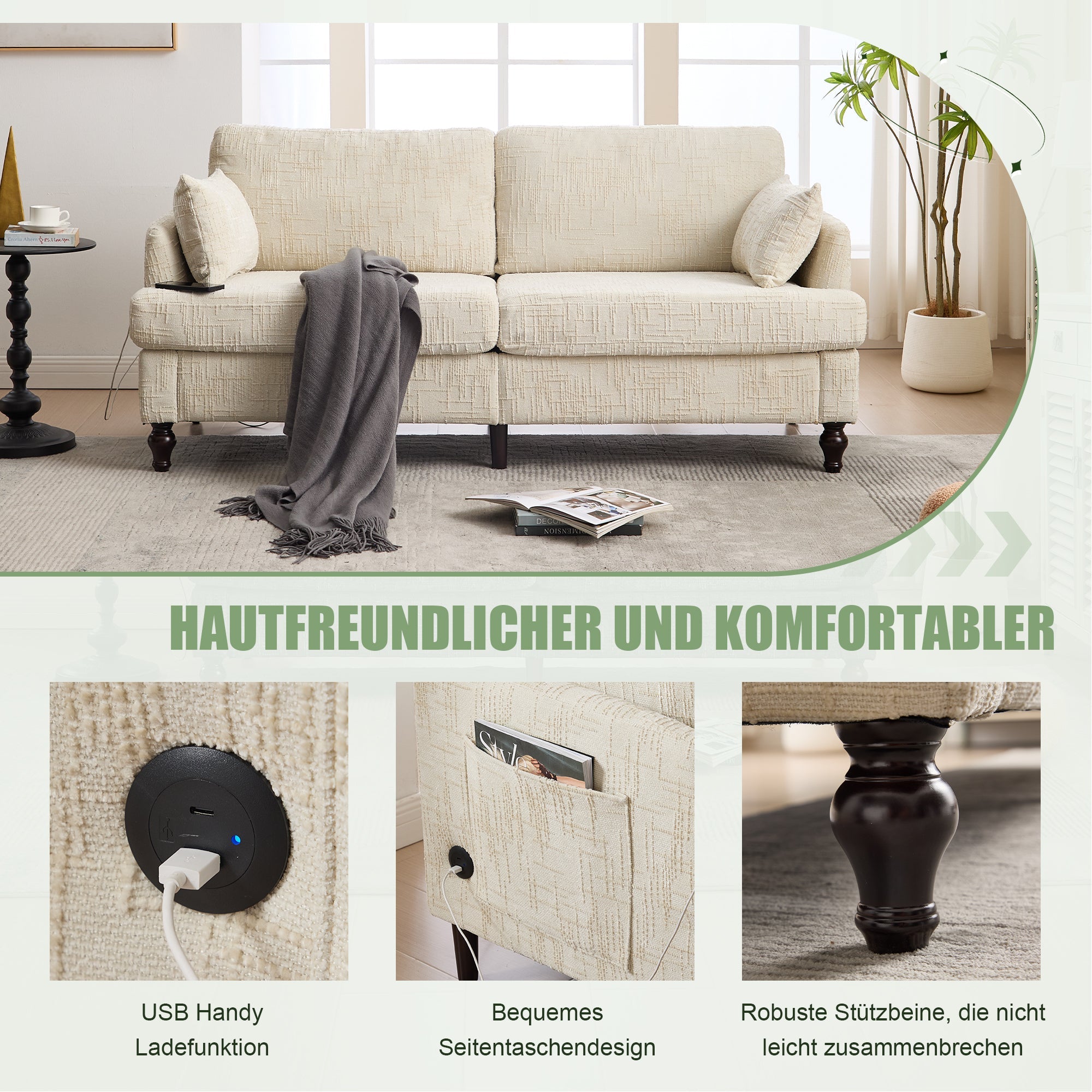 Logidon tweezitsbank van chenille, beige LED-USB-opbergruimte, houten poten
