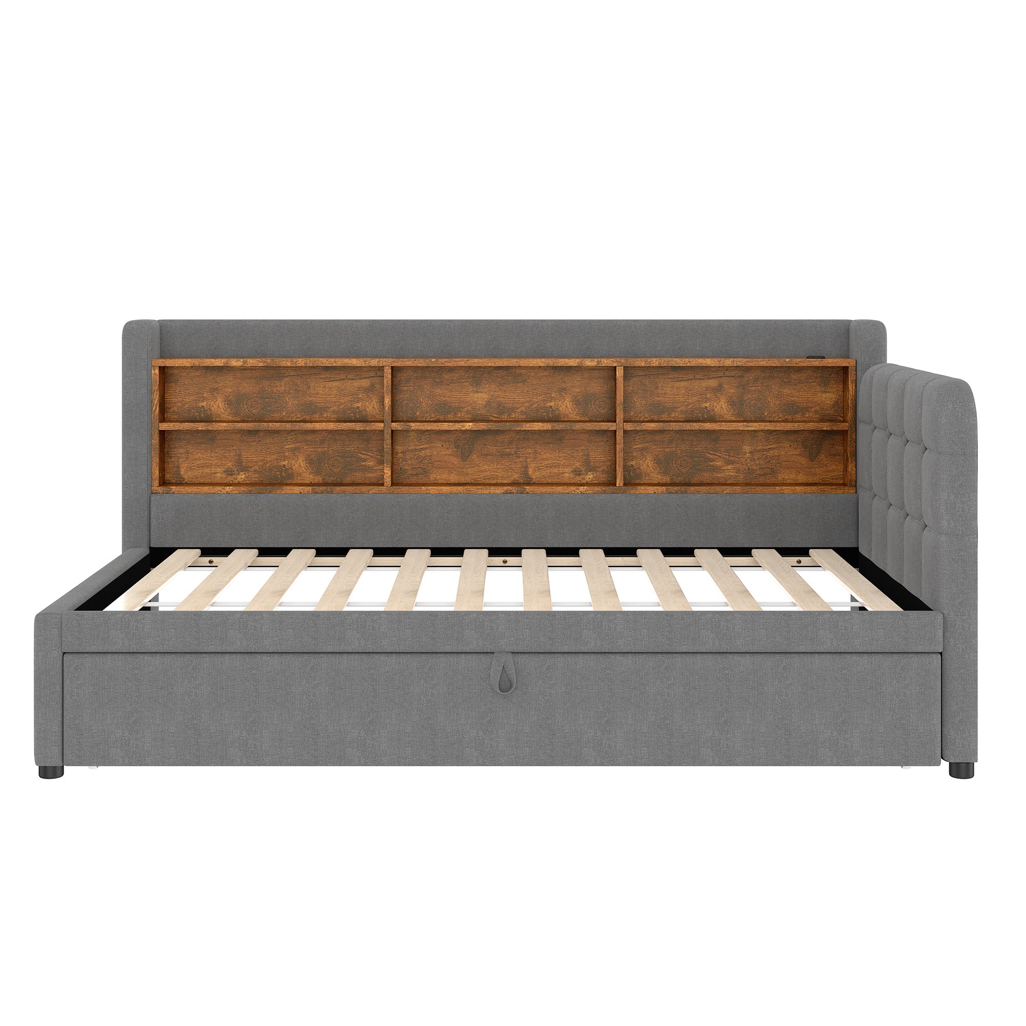 Logidon Daybed 90x200cm grijs linnen uitschuifbare slaapbank USB Type C