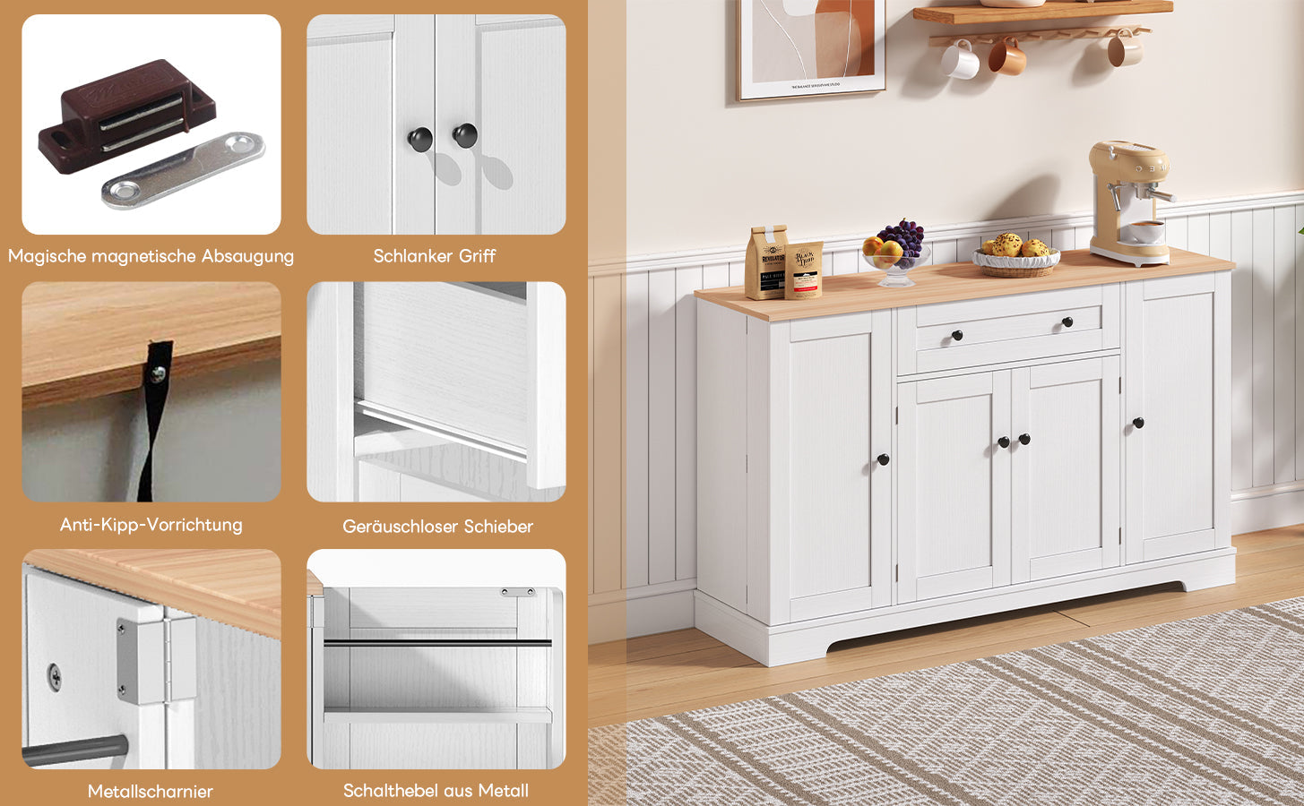Logidon keukenbuffet 138 cm witte multifunctionele ladedeuren