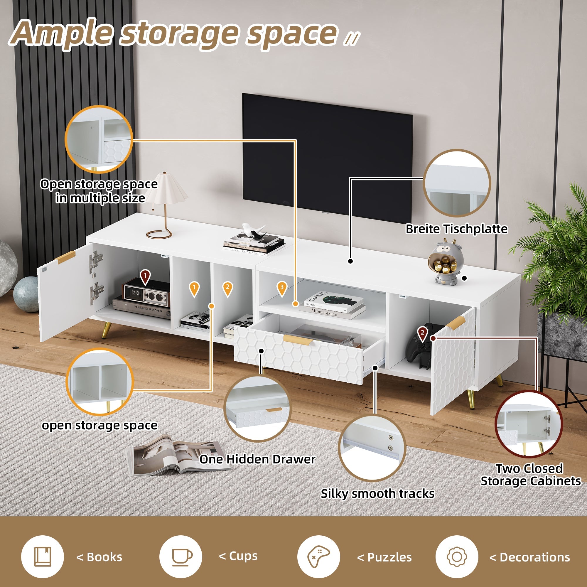 Logidon White TV Stand with Honeycomb Pattern and Storage Space for up to 80 Inches