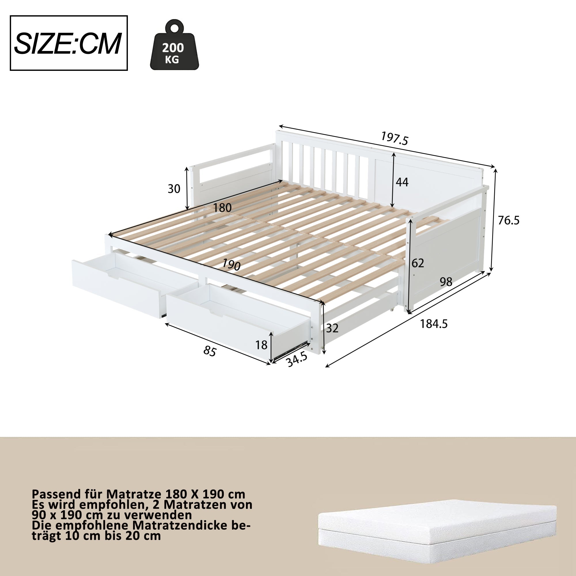 Logidon dagbed twee in één wit 90x190cm met lades uitschuifbaar bed