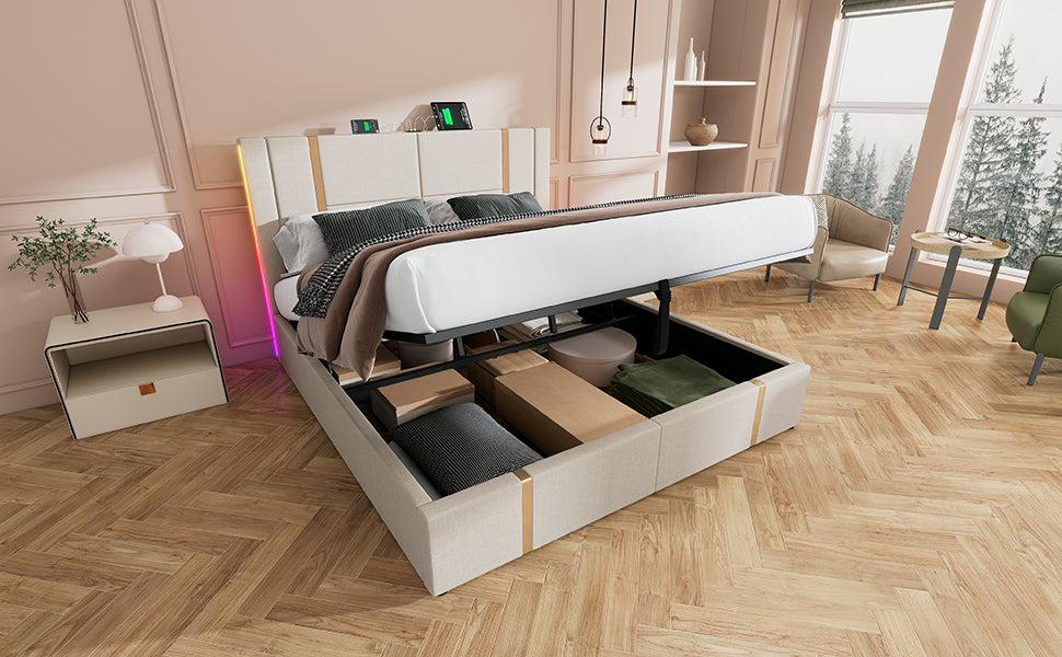 Logidon gestoffeerd bed tweepersoonsbed 180x200 USB-C oplaadfunctie beige opbergruimte