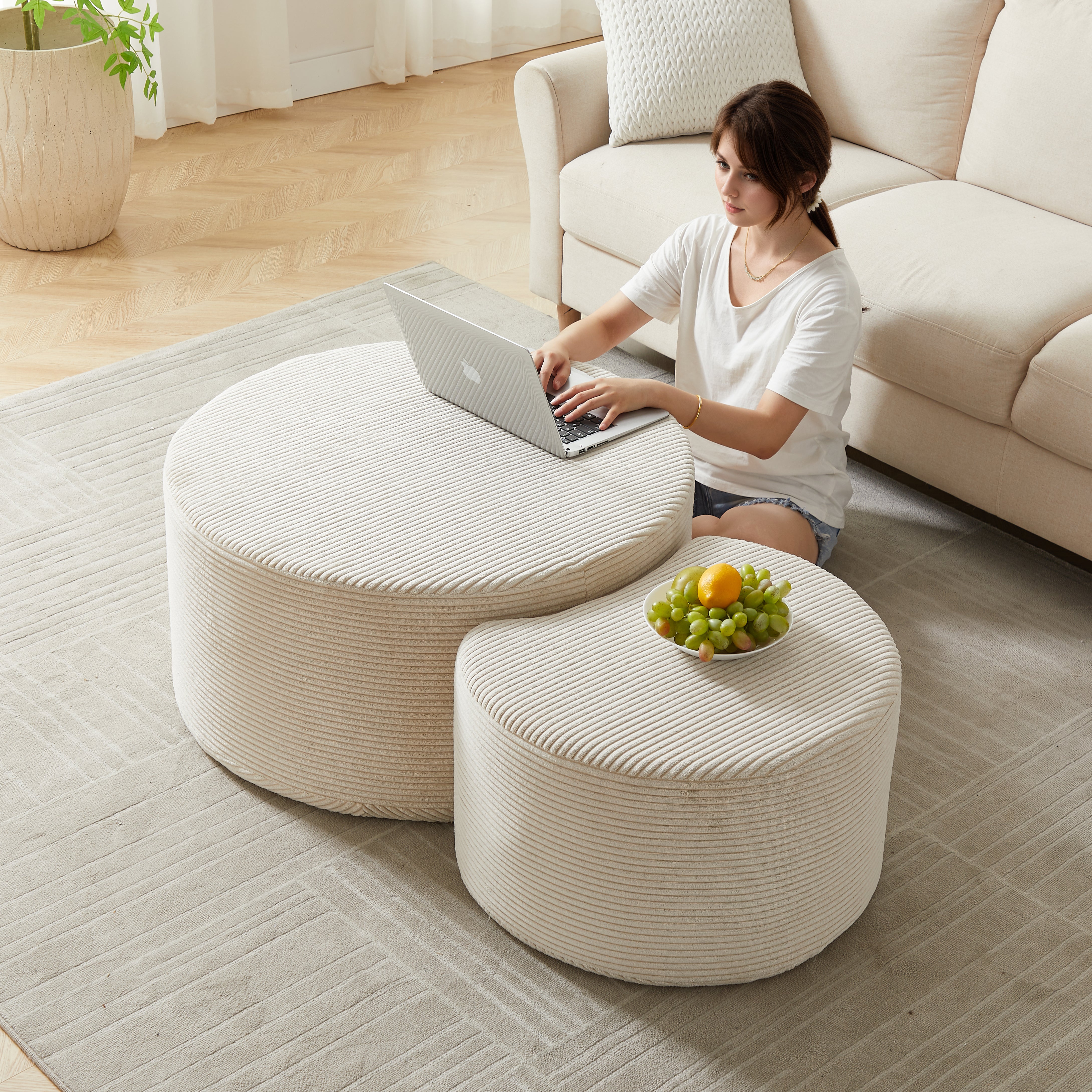 Logidon salontafelset van 2 rond gewatteerde beige stof