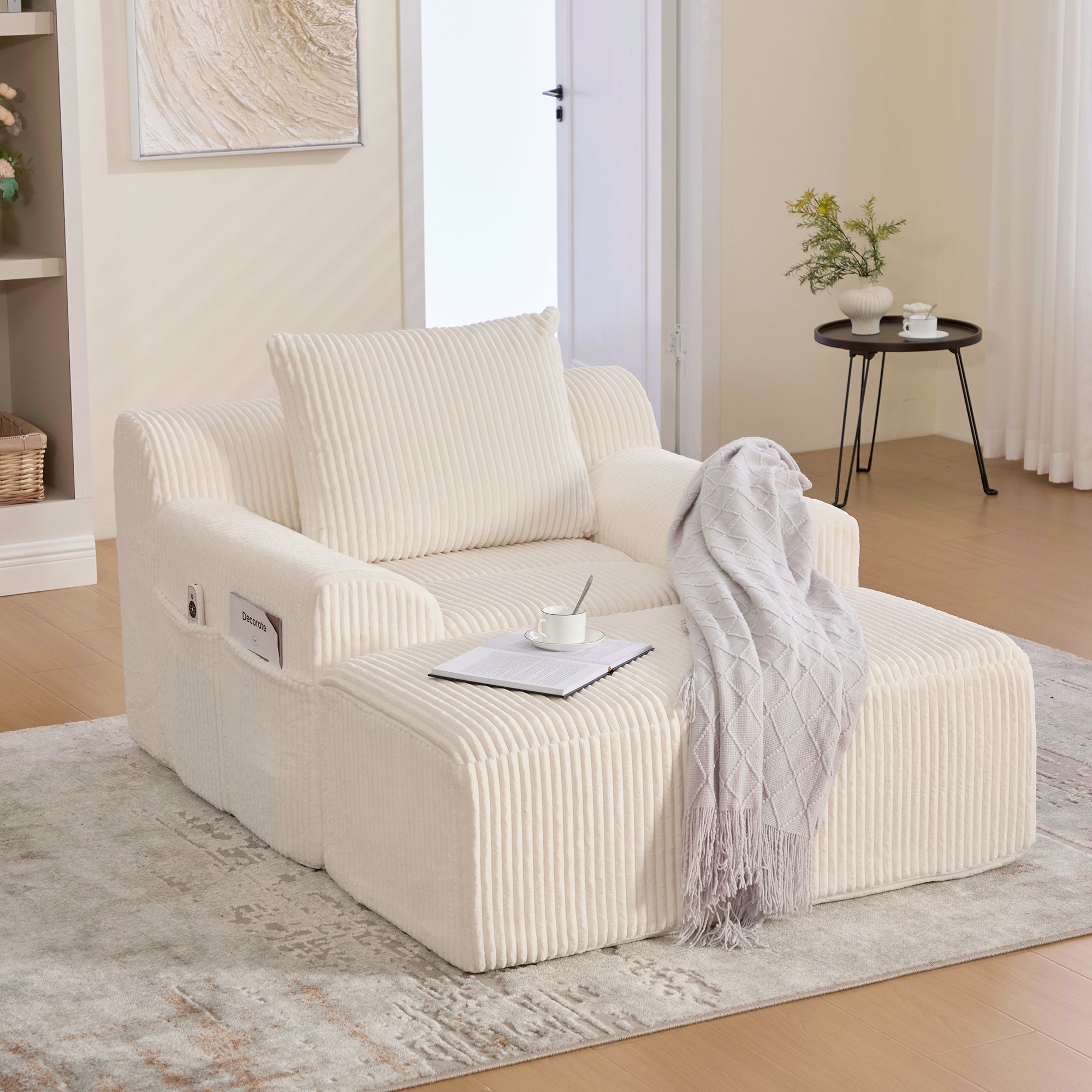 Logidon Oversized Corduroy Velvet Armchair Beige with Footstool and Cushion