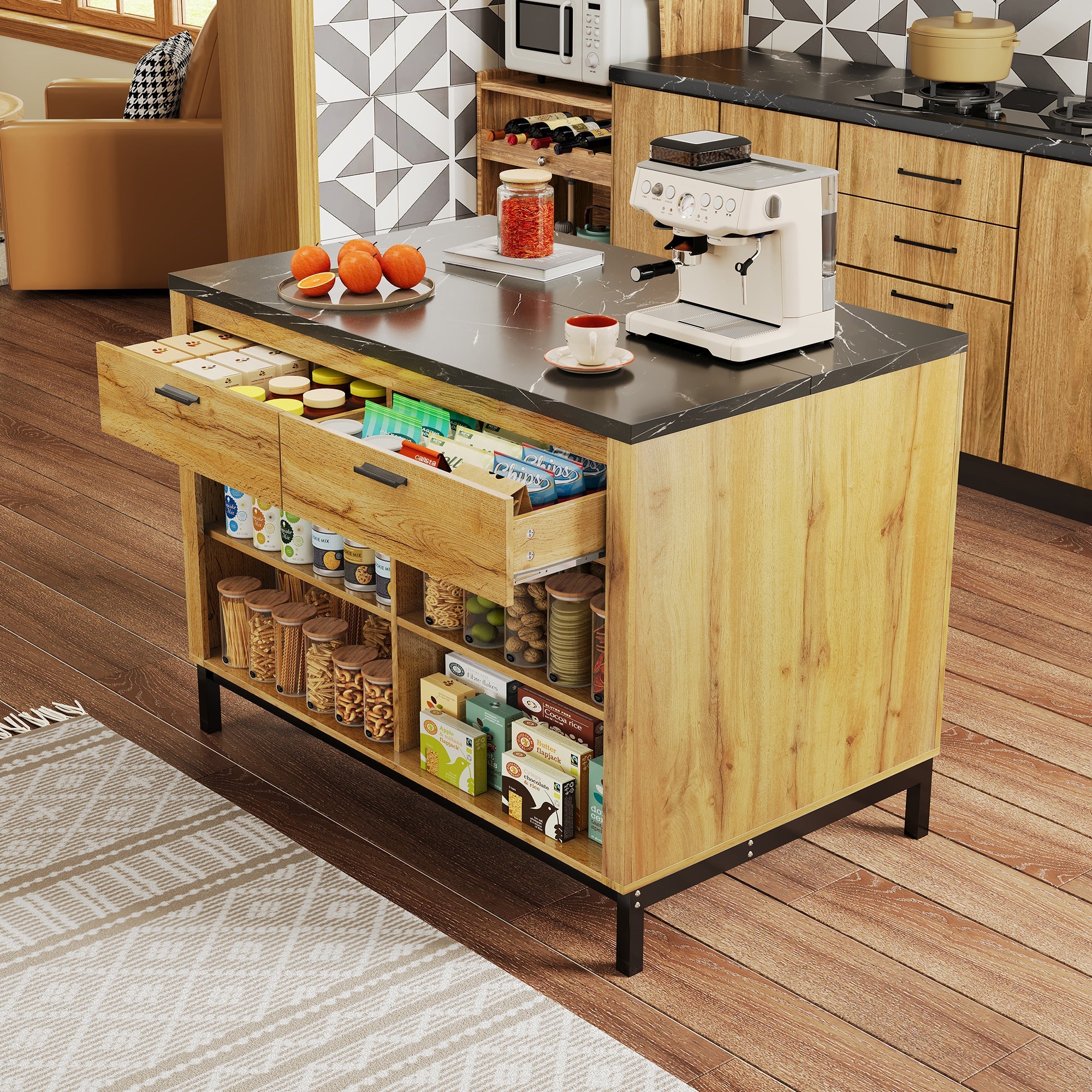 Logidon kitchen island country house style 120x75x90 cm with 2 drawers and 4 shelves