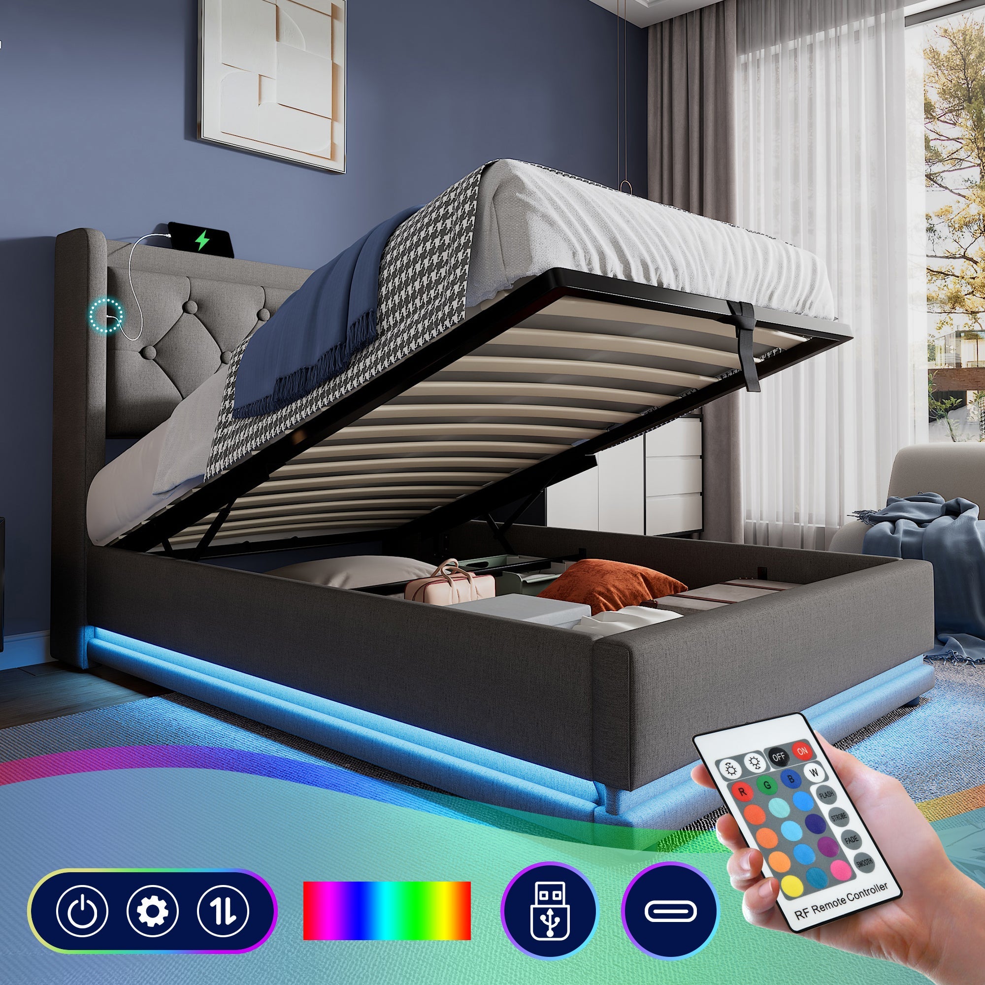 Logidon gestoffeerd bed 90x200 cm grijs met opbergruimte USB C oplaadfunctie LED