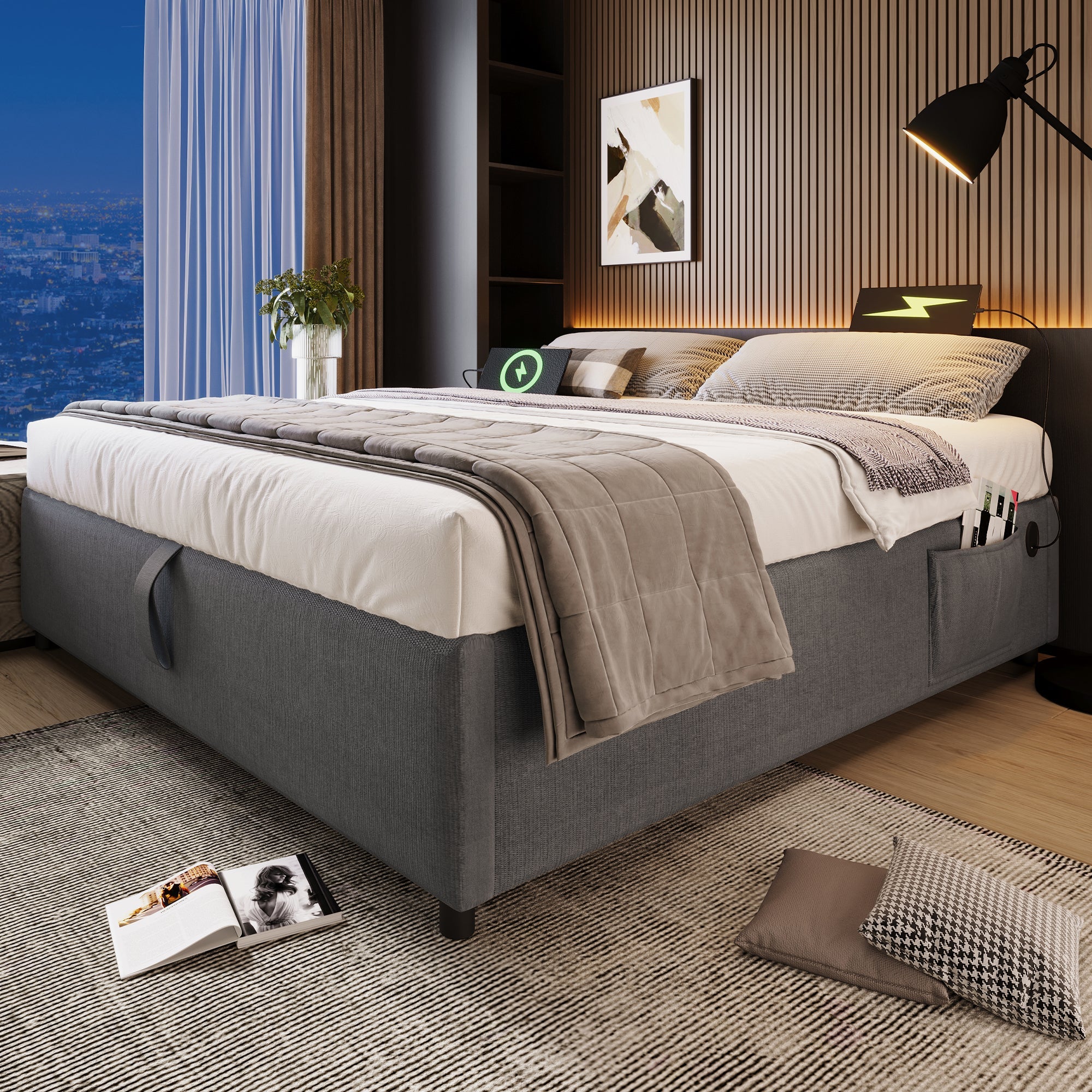 Logidon upholstered bed 160x200 gray with USB C and full-surface slatted frame