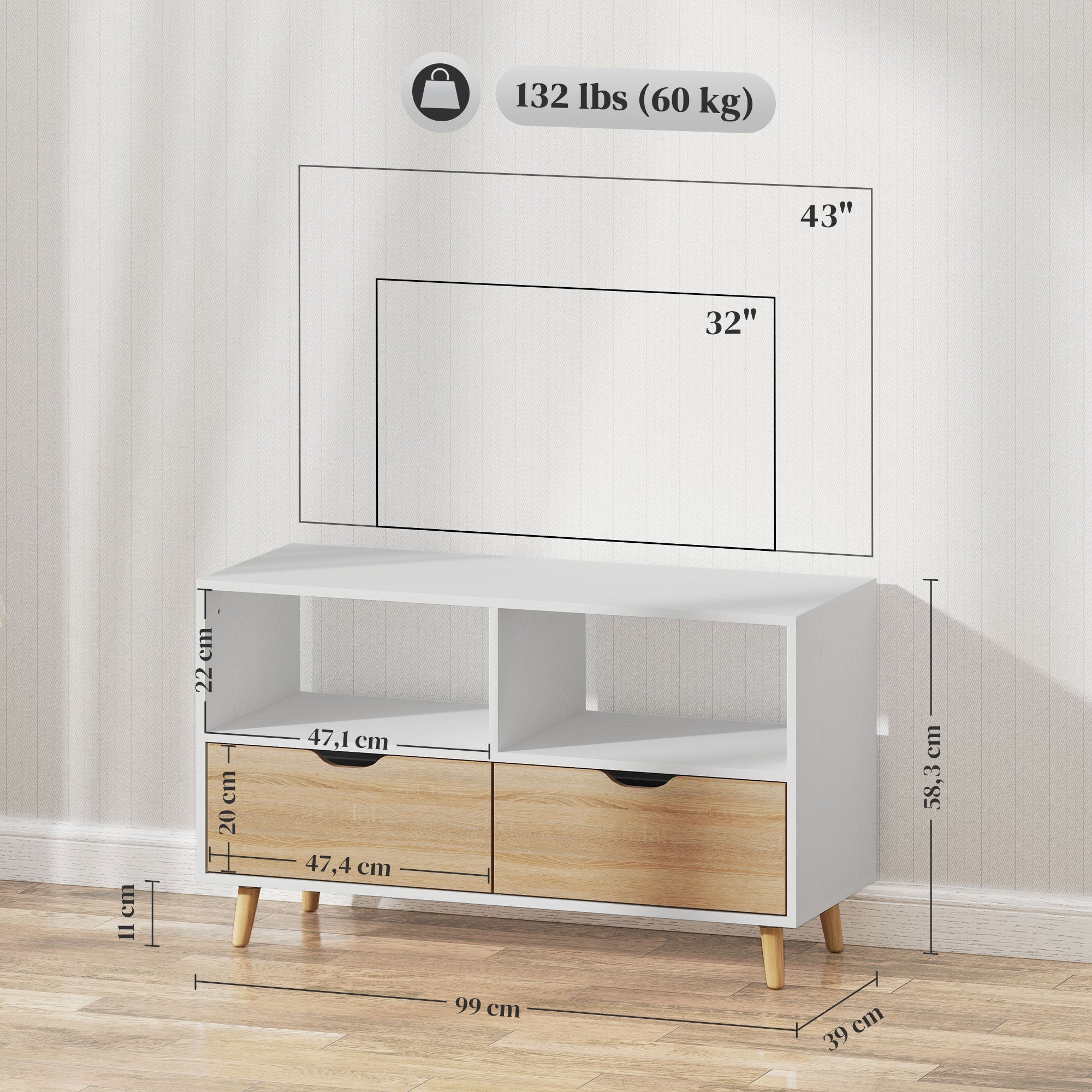 Logidon TV-meubel wit 99 cm met 2 opbergvakken en lades