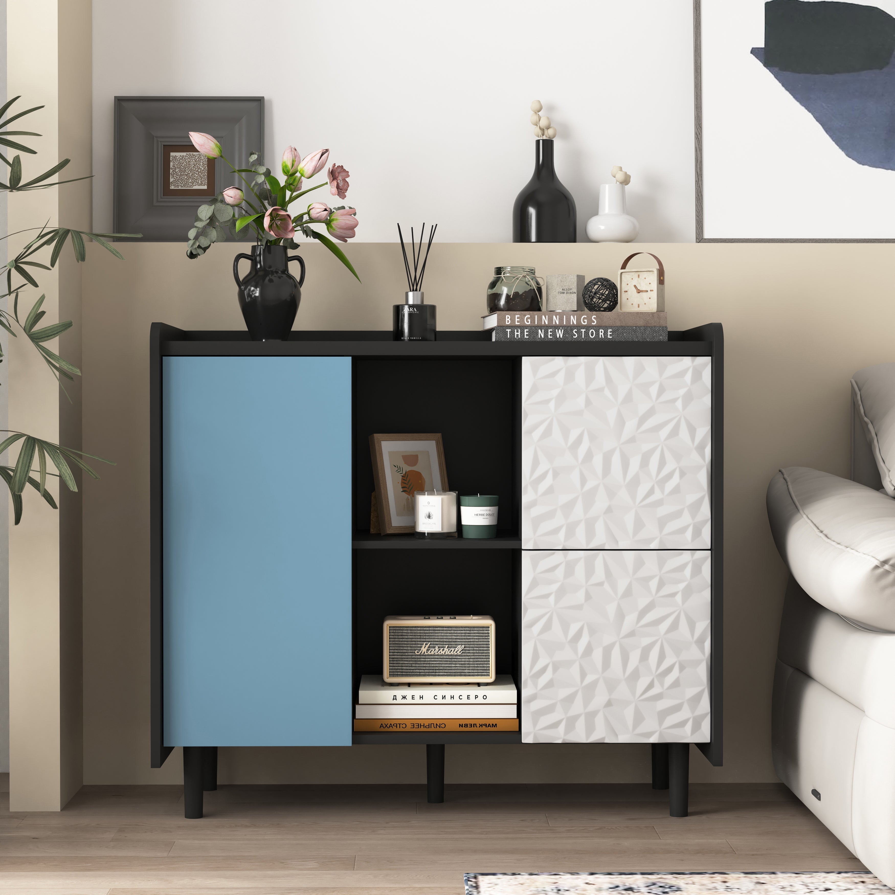 Logidon Dressoir Buffetkast 90 cm Blauw Wit Geometrische Fronten
